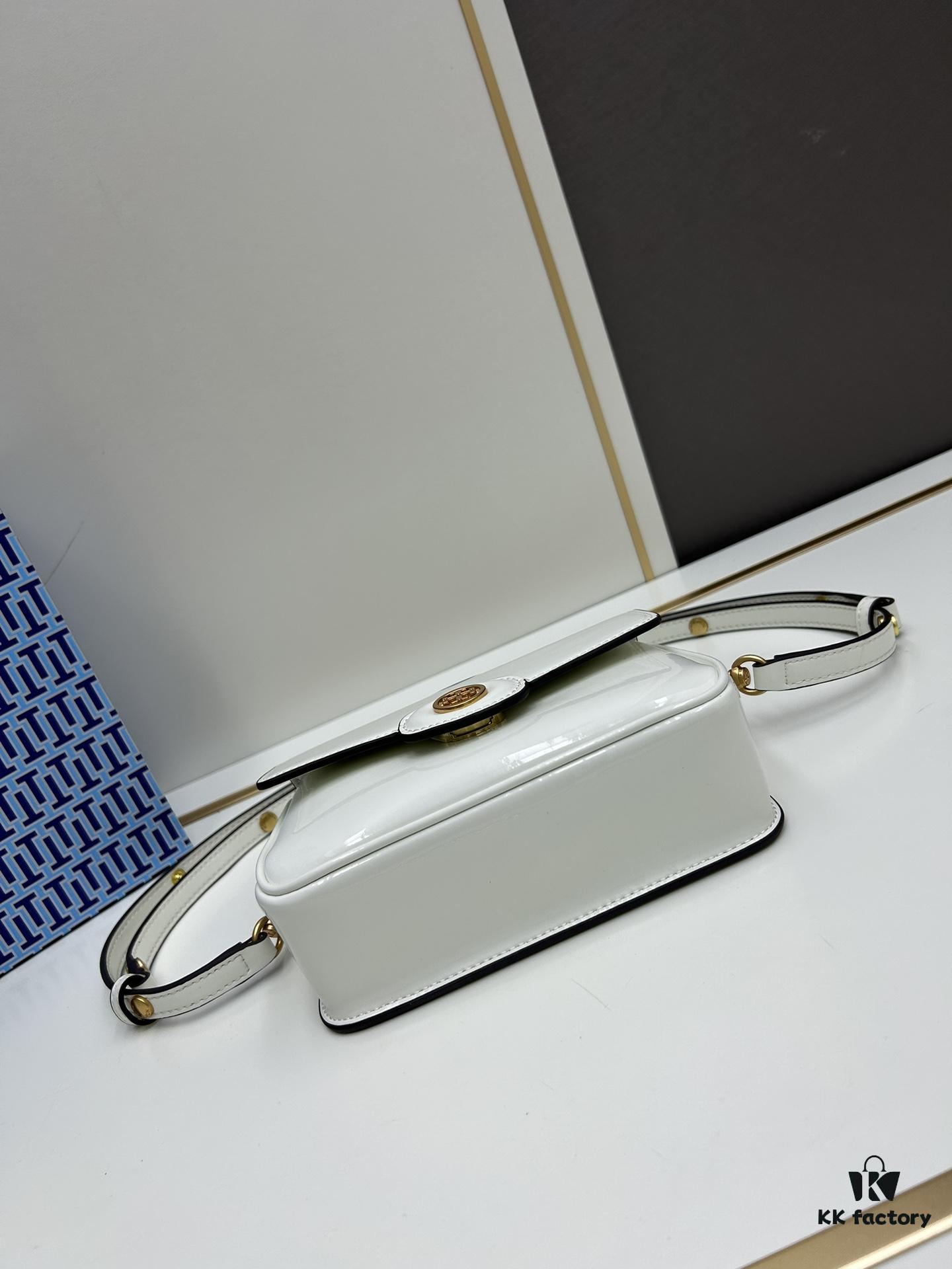 New TORY BURCH Robinson Series Patent Leather Biker Bag – Smooth Shiny Finish, Suede Lining, Brass Hardware, Magnetic Snap Closure, Multi-Wear Handle