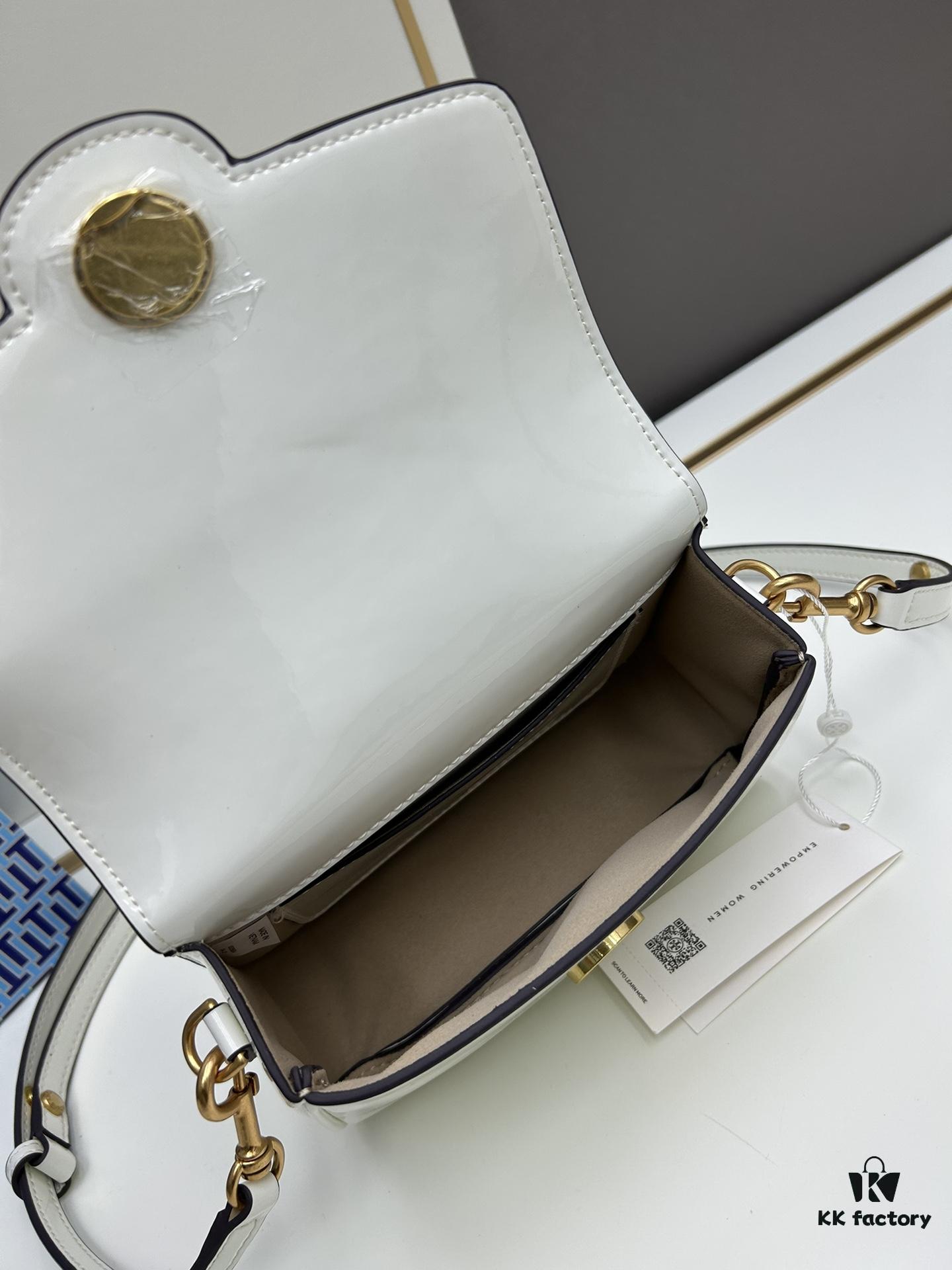 New TORY BURCH Robinson Series Patent Leather Biker Bag – Smooth Shiny Finish, Suede Lining, Brass Hardware, Magnetic Snap Closure, Multi-Wear Handle