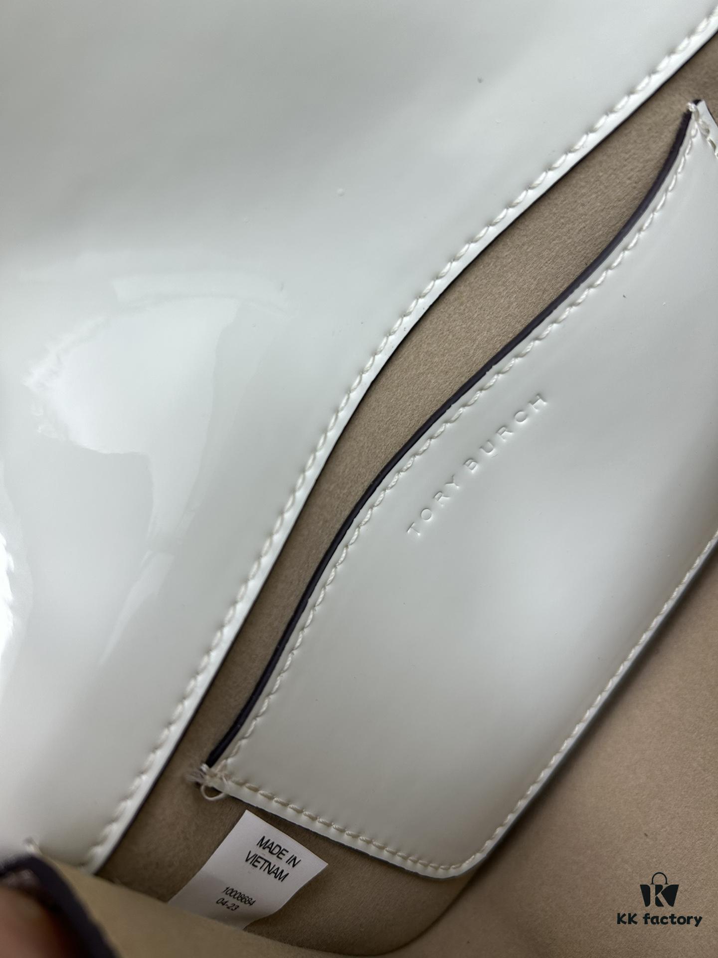 New TORY BURCH Robinson Series Patent Leather Biker Bag – Smooth Shiny Finish, Suede Lining, Brass Hardware, Magnetic Snap Closure, Multi-Wear Handle