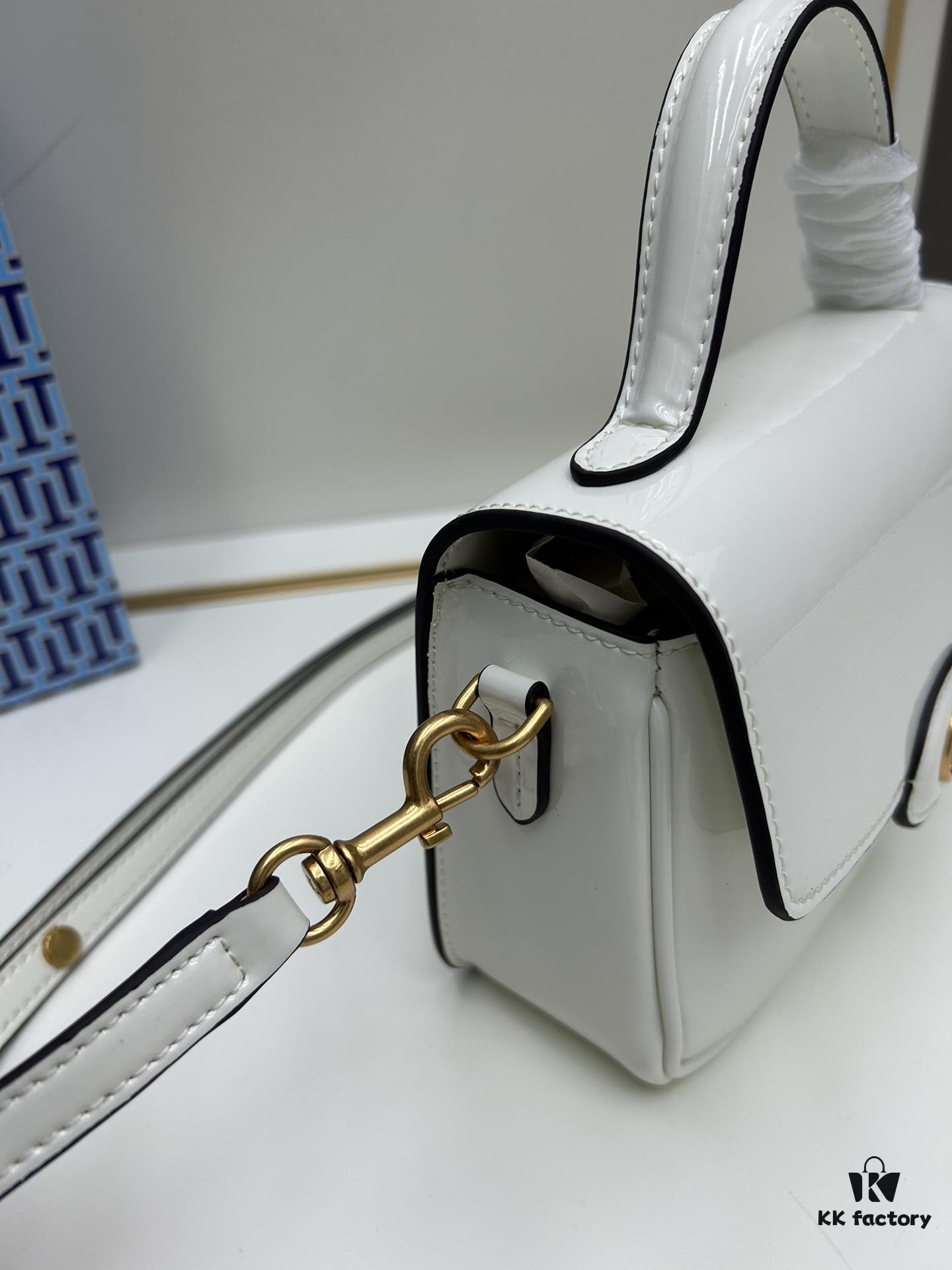 New TORY BURCH Robinson Series Patent Leather Biker Bag – Smooth Shiny Finish, Suede Lining, Brass Hardware, Magnetic Snap Closure, Multi-Wear Handle