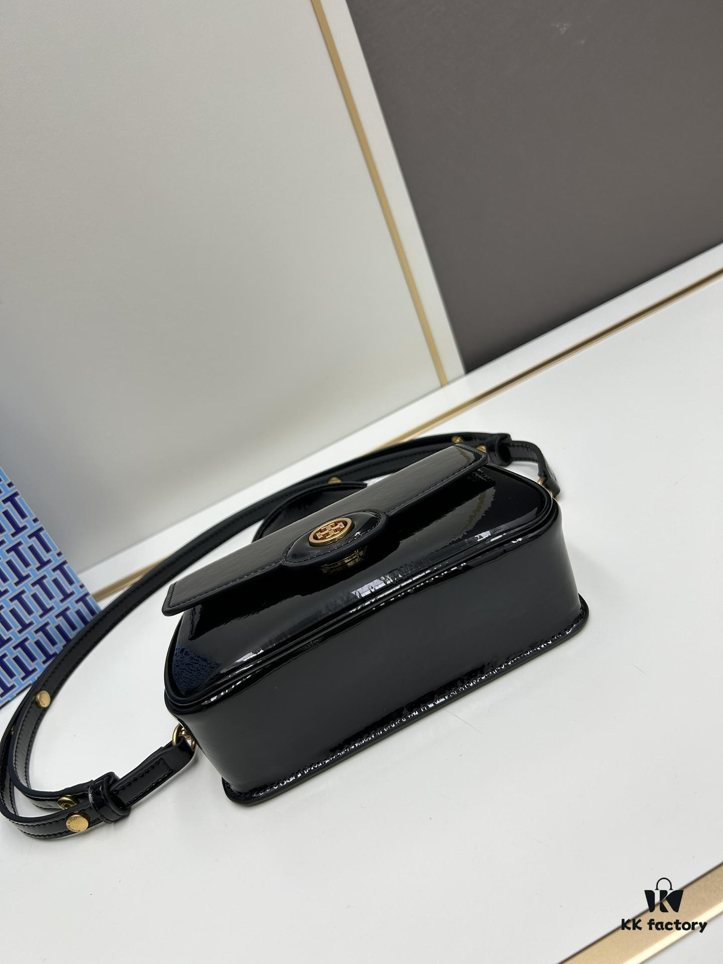 New TORY BURCH Robinson Series Patent Leather Biker Bag – Smooth Shiny Finish, Suede Lining, Brass Hardware, Magnetic Snap Closure, Multi-Wear Handle