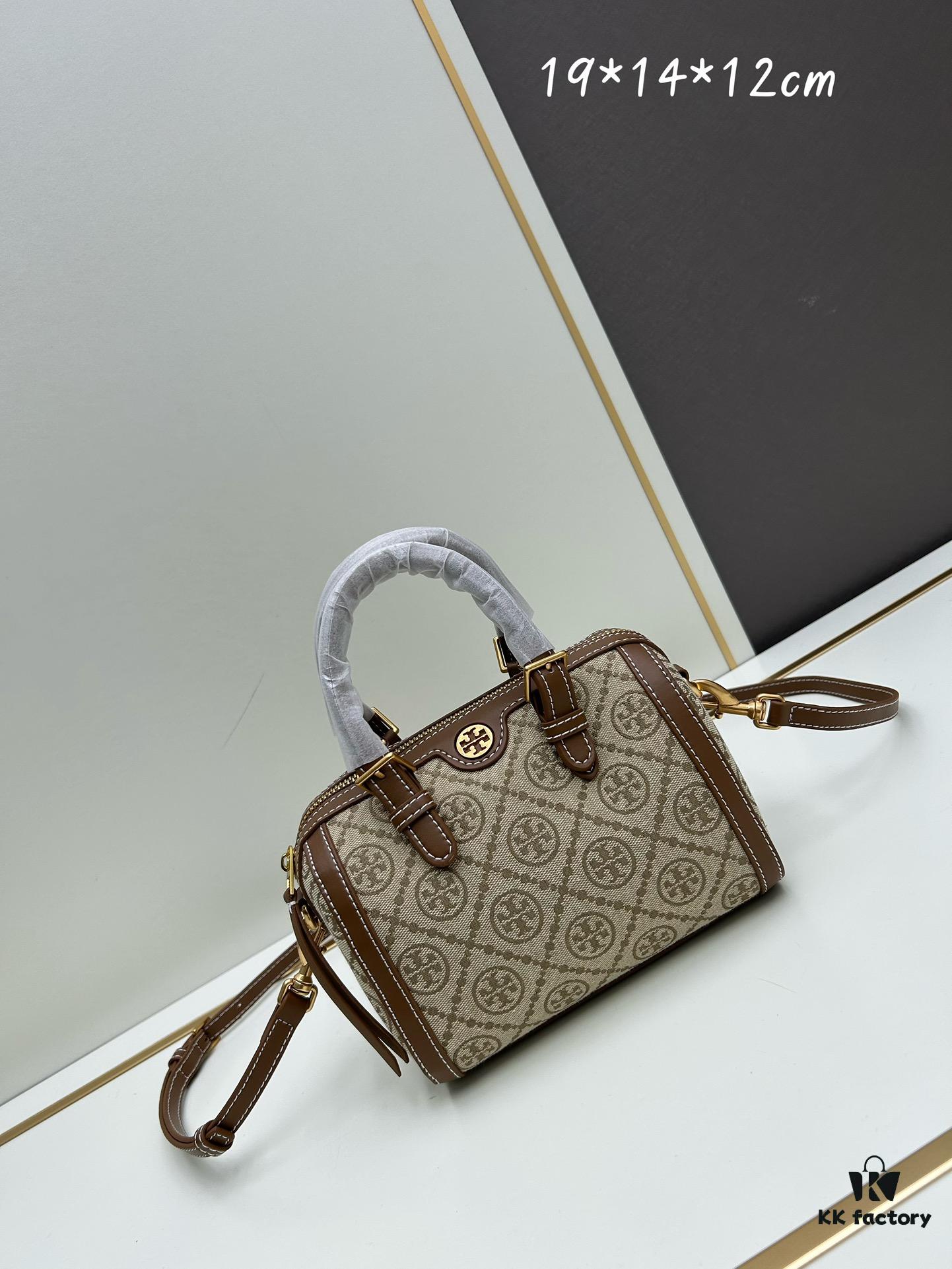 Small [New Arrival, Attention to Detail] TORY BURCH T Monogram Mini Jacquard Barrel Bag in Hazel Brown