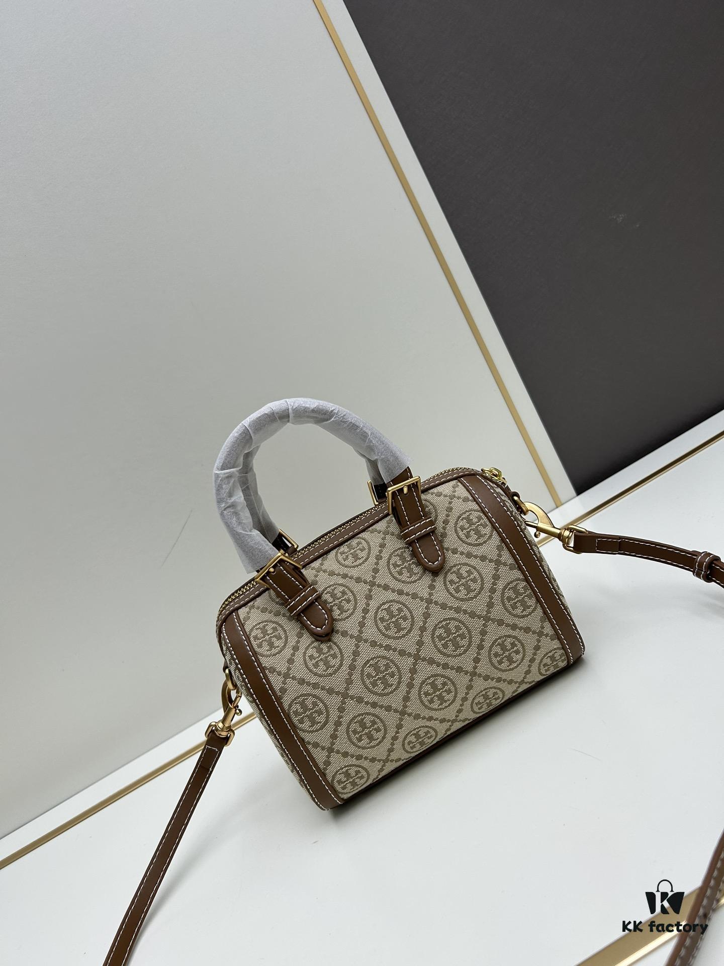 Small [New Arrival, Attention to Detail] TORY BURCH T Monogram Mini Jacquard Barrel Bag in Hazel Brown