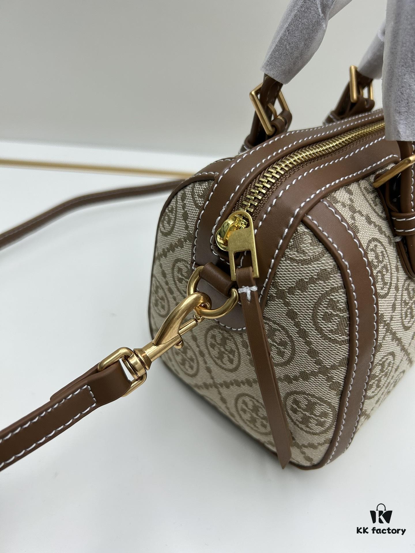 Small [New Arrival, Attention to Detail] TORY BURCH T Monogram Mini Jacquard Barrel Bag in Hazel Brown