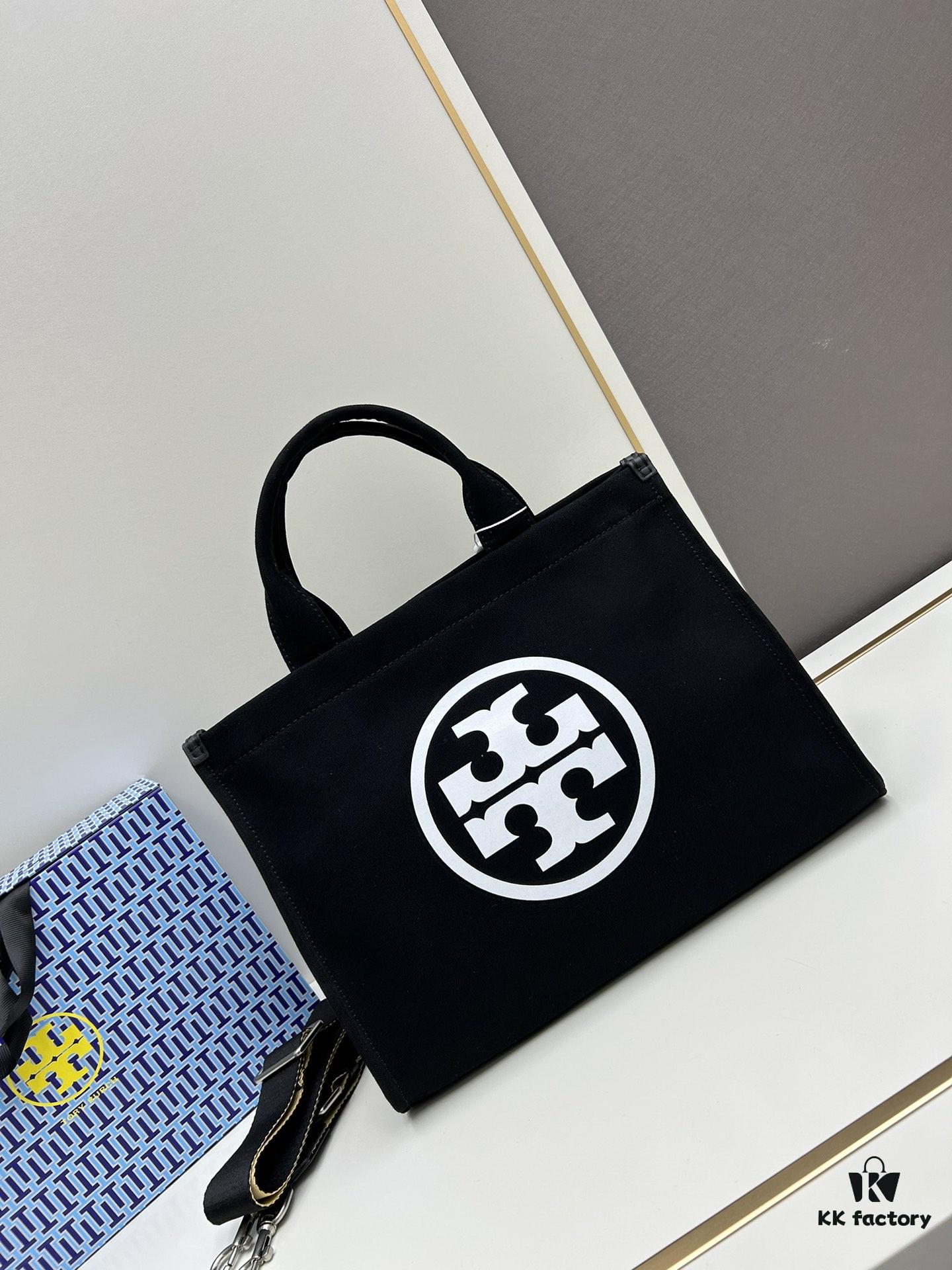 TORY BURCH Ella Printed Logo Zip Closure Canvas Tote Bag for Women – Lightweight Cotton Canvas, Stylish and Versatile