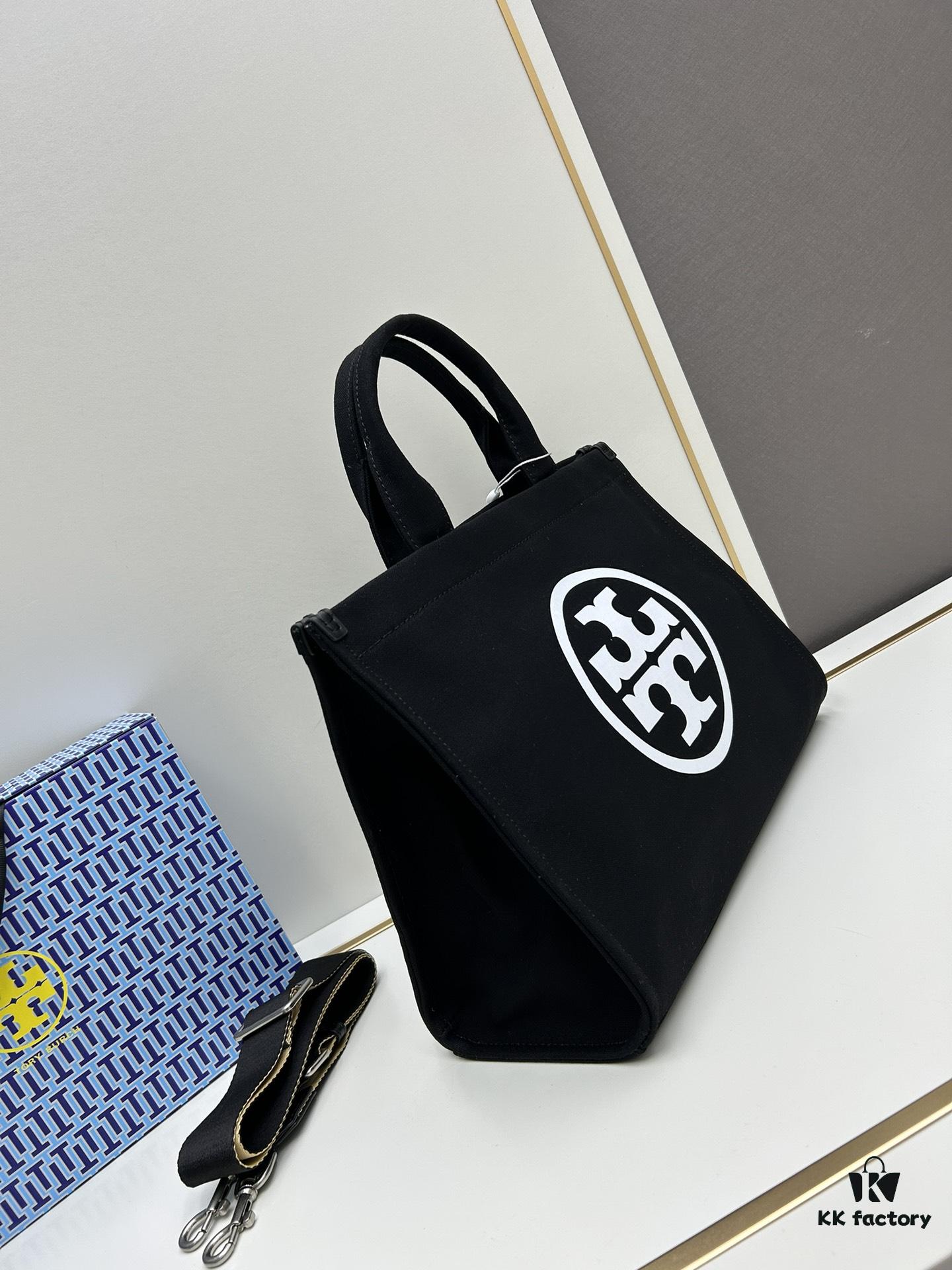 TORY BURCH Ella Printed Logo Zip Closure Canvas Tote Bag for Women – Lightweight Cotton Canvas, Stylish and Versatile