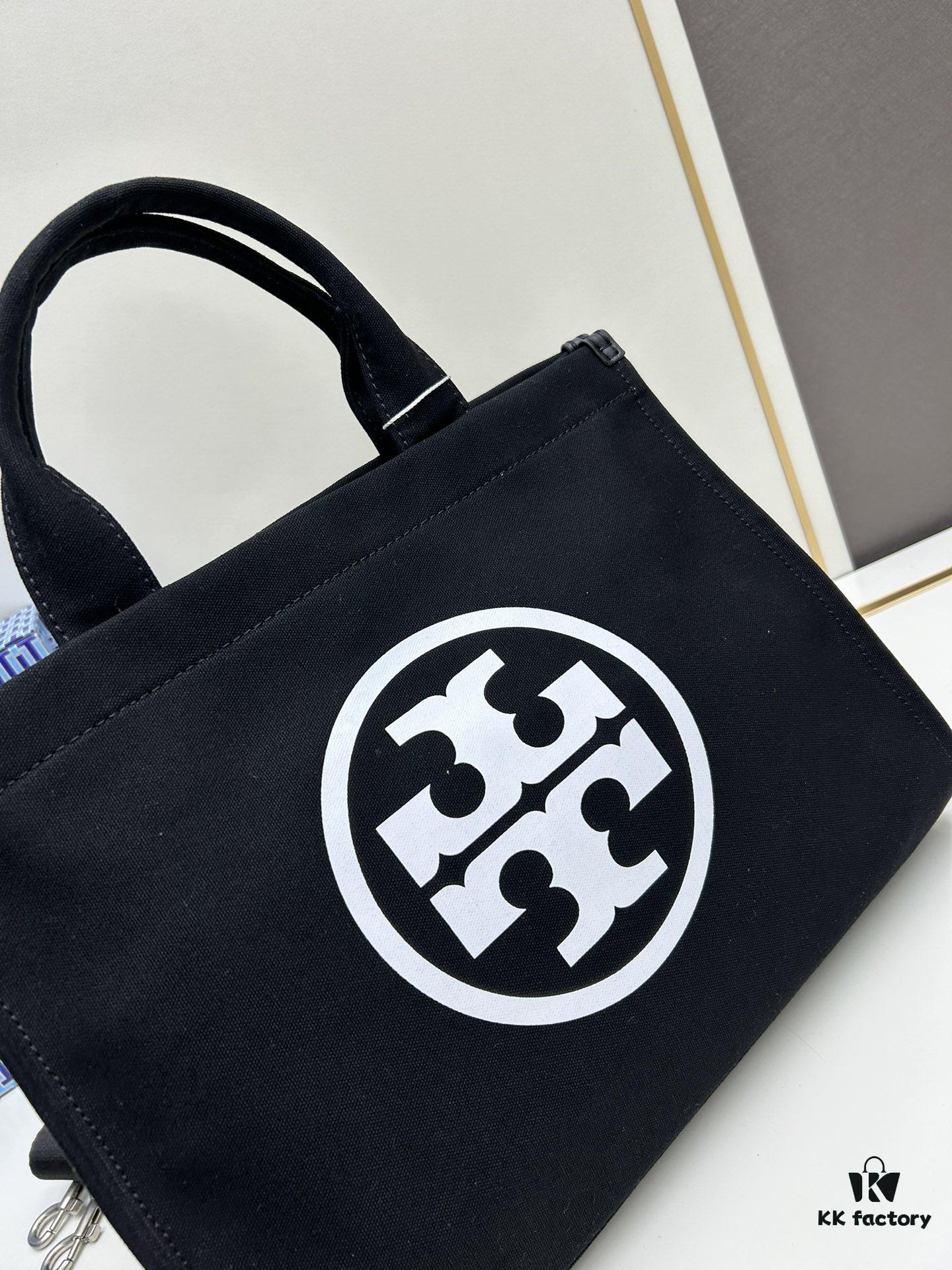 TORY BURCH Ella Printed Logo Zip Closure Canvas Tote Bag for Women – Lightweight Cotton Canvas, Stylish and Versatile