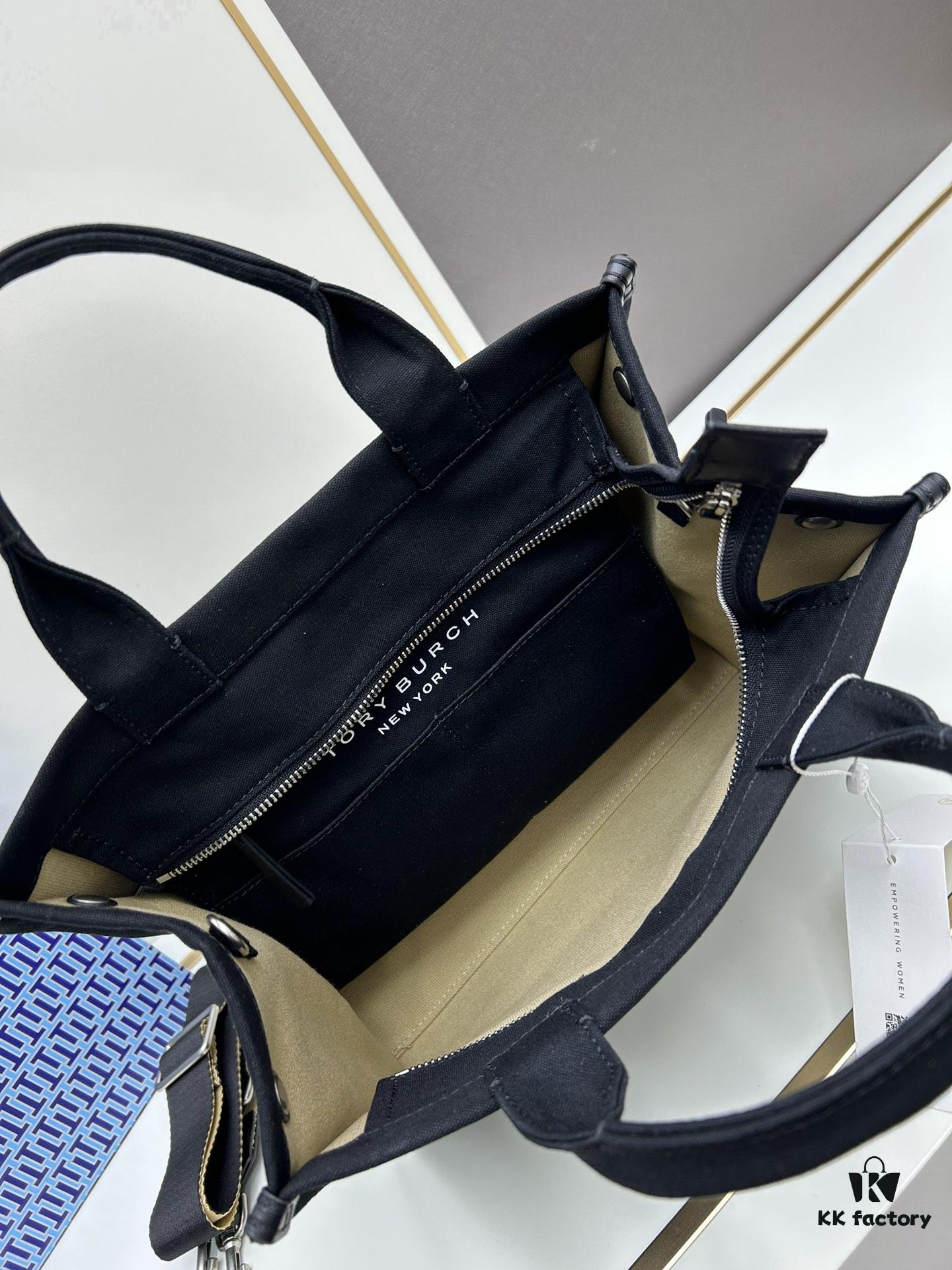 TORY BURCH Ella Printed Logo Zip Closure Canvas Tote Bag for Women – Lightweight Cotton Canvas, Stylish and Versatile