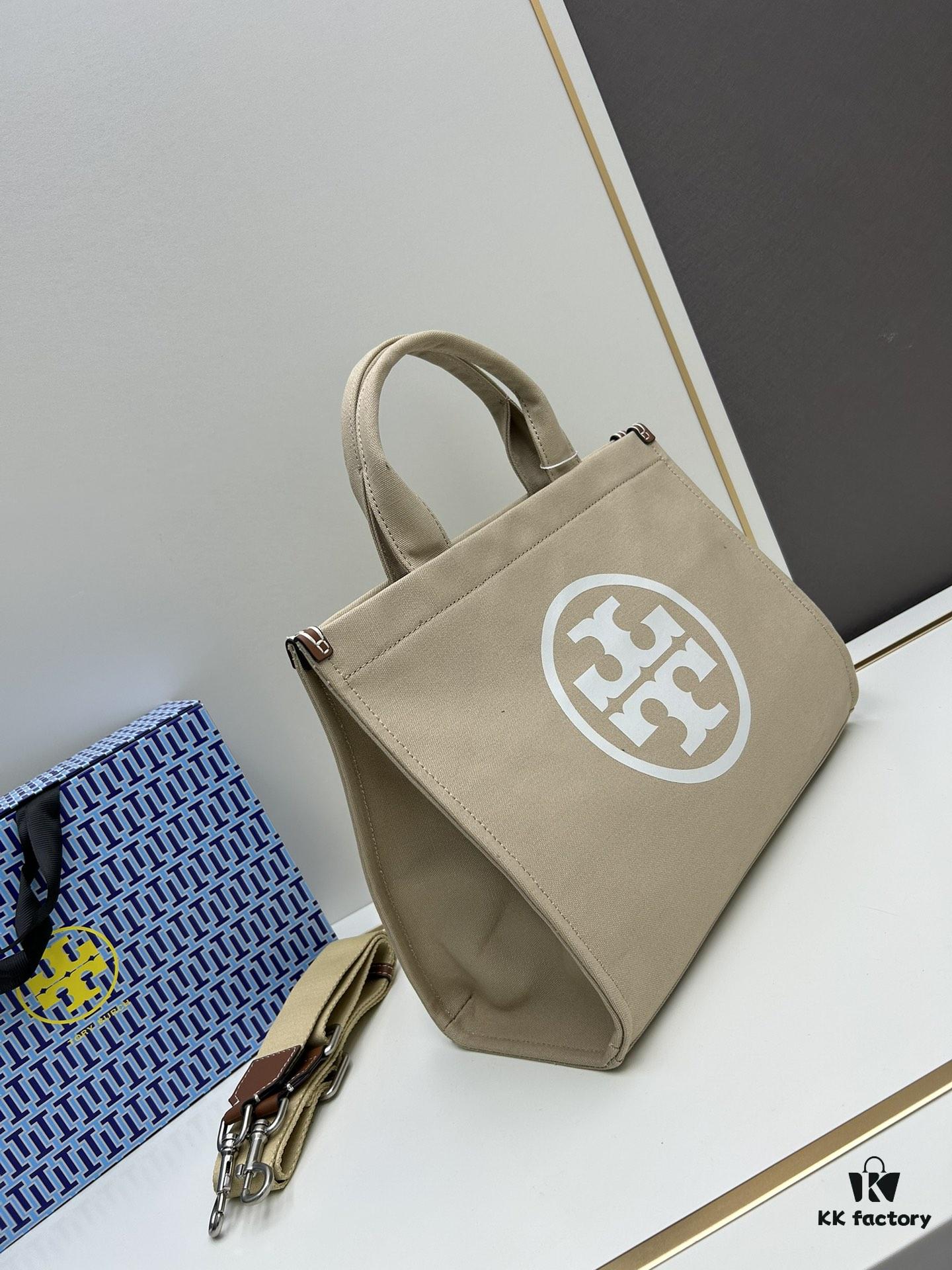 TORY BURCH Ella Canvas Tote Bag with Printed Logo, Zip Closure, Women's Shoulder Handbag from the Canvas Collection