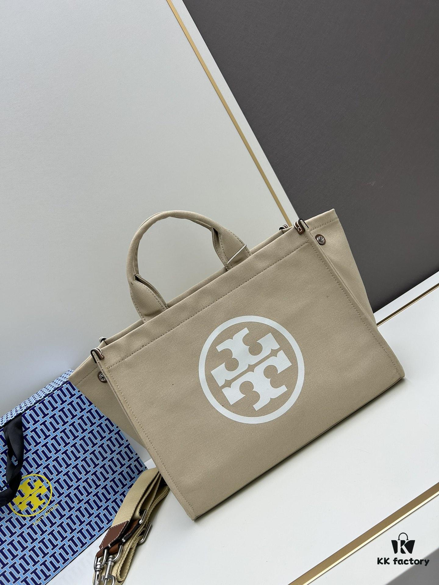 TORY BURCH Ella Canvas Tote Bag with Printed Logo, Zip Closure, Women's Shoulder Handbag from the Canvas Collection