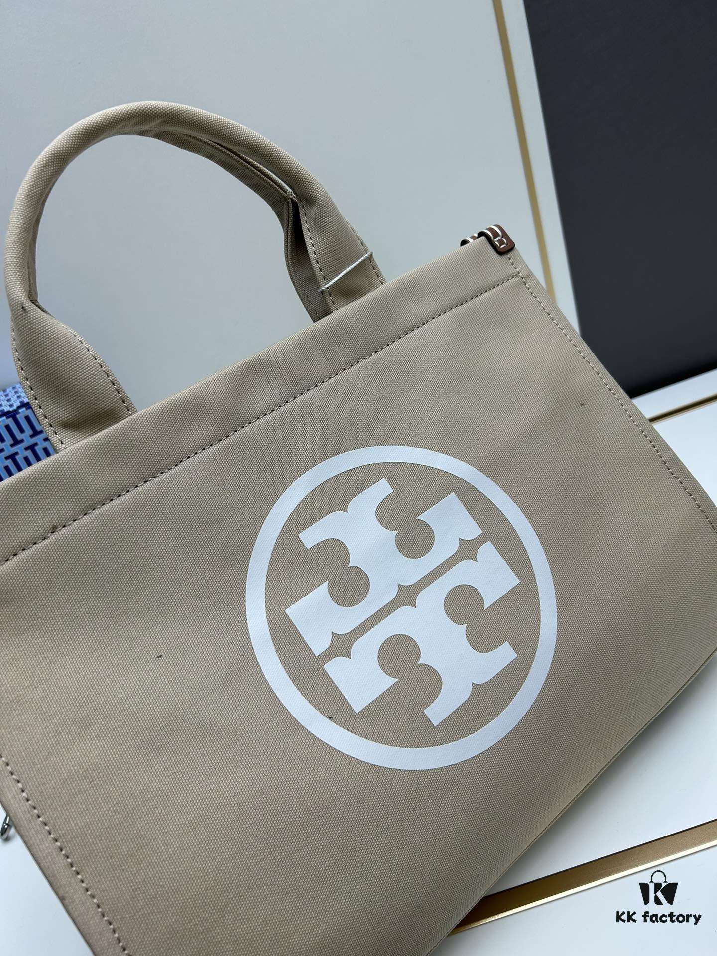 TORY BURCH Ella Canvas Tote Bag with Printed Logo, Zip Closure, Women's Shoulder Handbag from the Canvas Collection