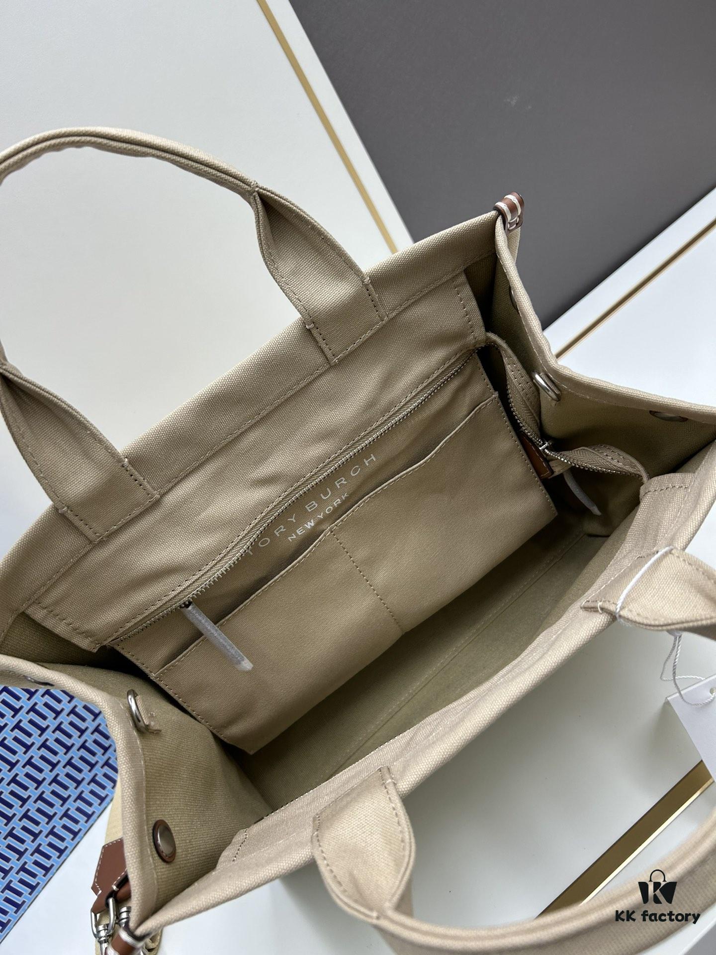 TORY BURCH Ella Canvas Tote Bag with Printed Logo, Zip Closure, Women's Shoulder Handbag from the Canvas Collection