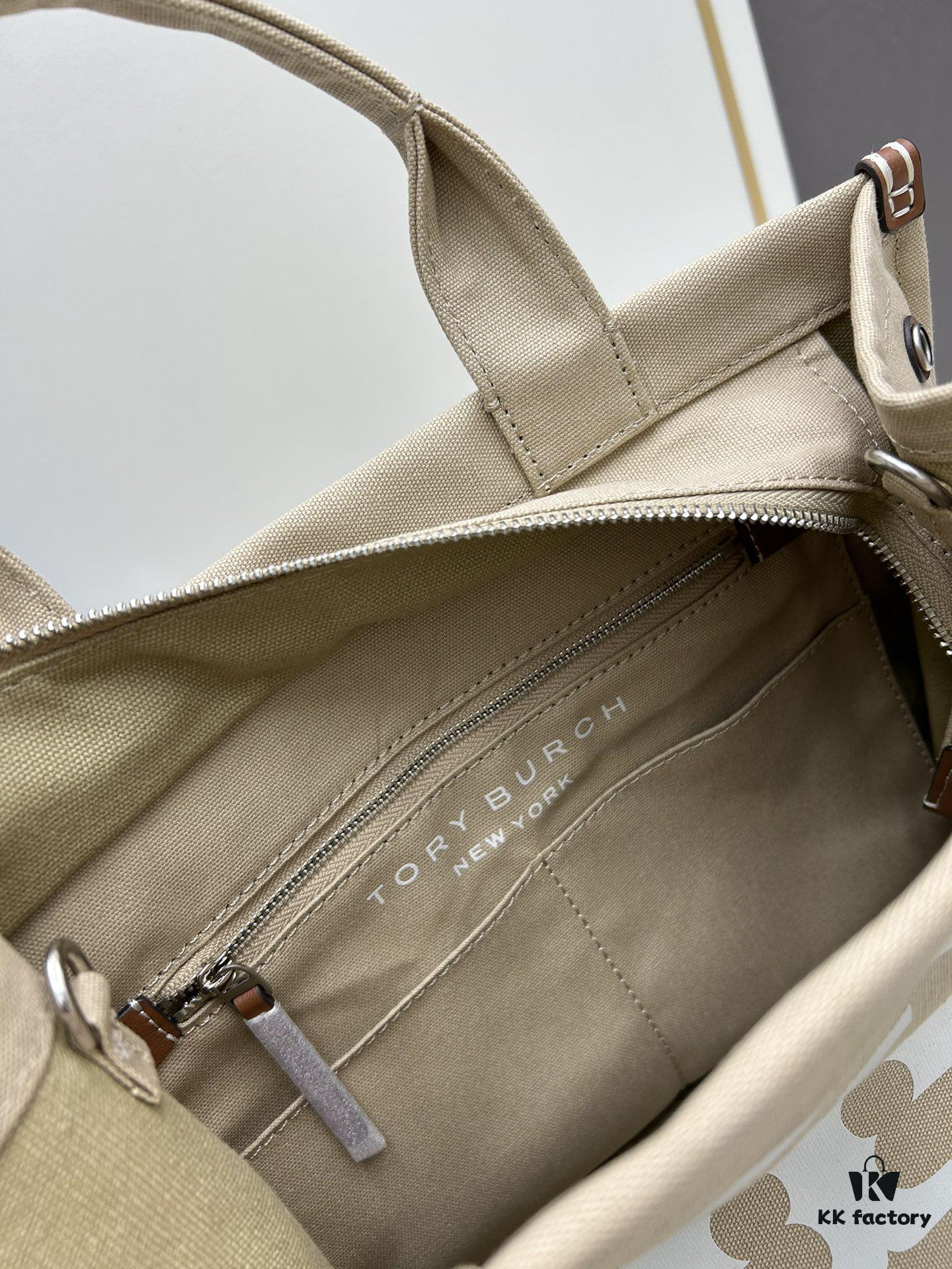 TORY BURCH Ella Canvas Tote Bag with Printed Logo, Zip Closure, Women's Shoulder Handbag from the Canvas Collection