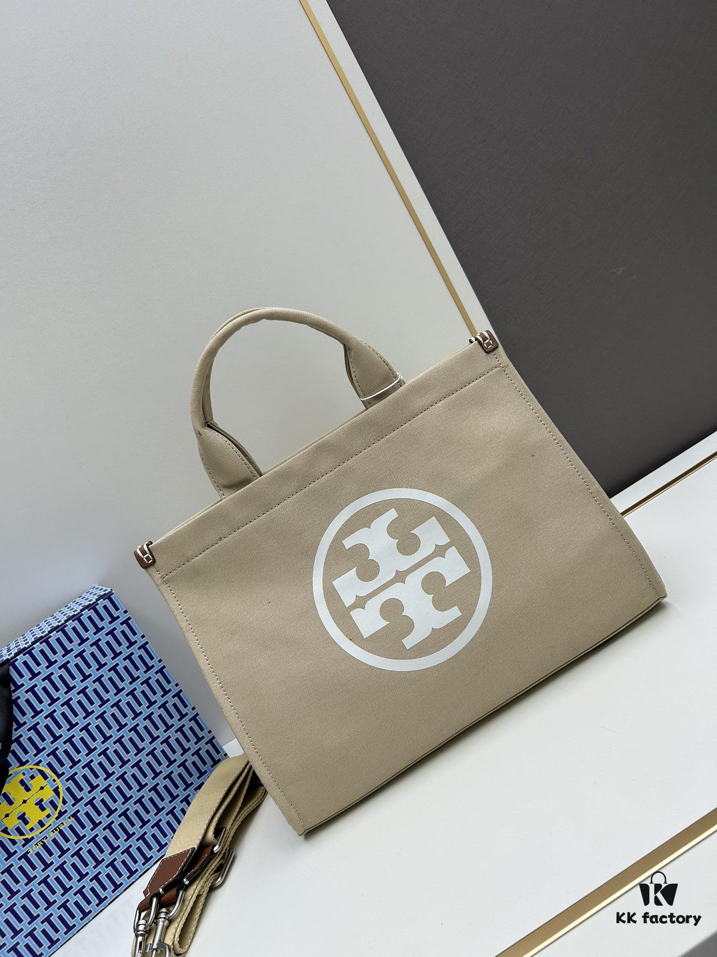 TORY BURCH Ella Canvas Tote Bag with Printed Logo, Zip Closure, Women's Shoulder Handbag from the Canvas Collection
