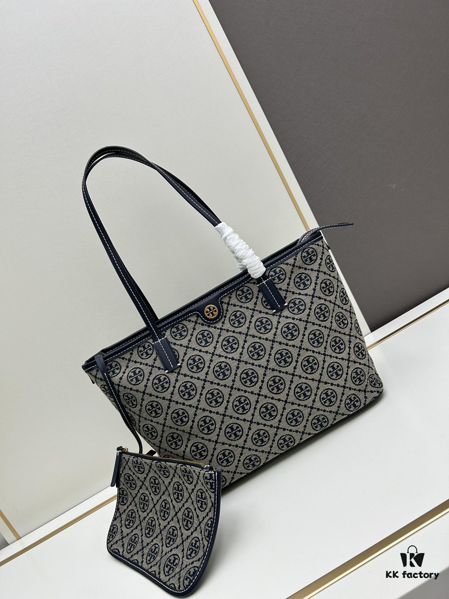 Tory Burch Small Monogram Tote Bag with Signature Double-T Logo in Woven Jacquard Fabric