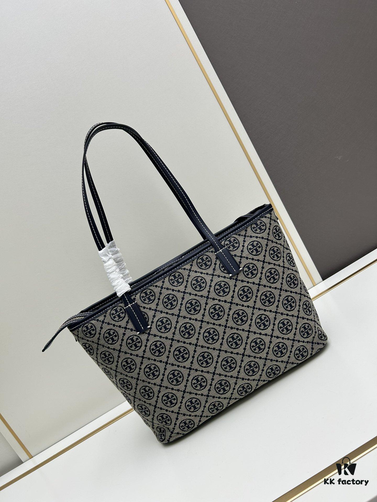 Tory Burch Small Monogram Tote Bag with Signature Double-T Logo in Woven Jacquard Fabric