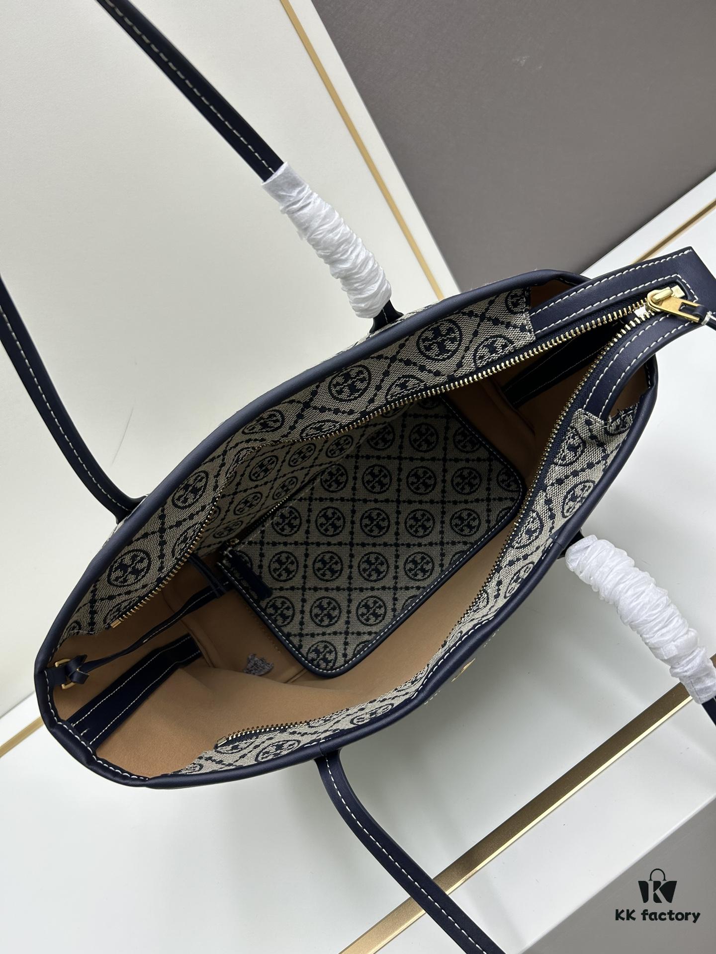 Tory Burch Small Monogram Tote Bag with Signature Double-T Logo in Woven Jacquard Fabric