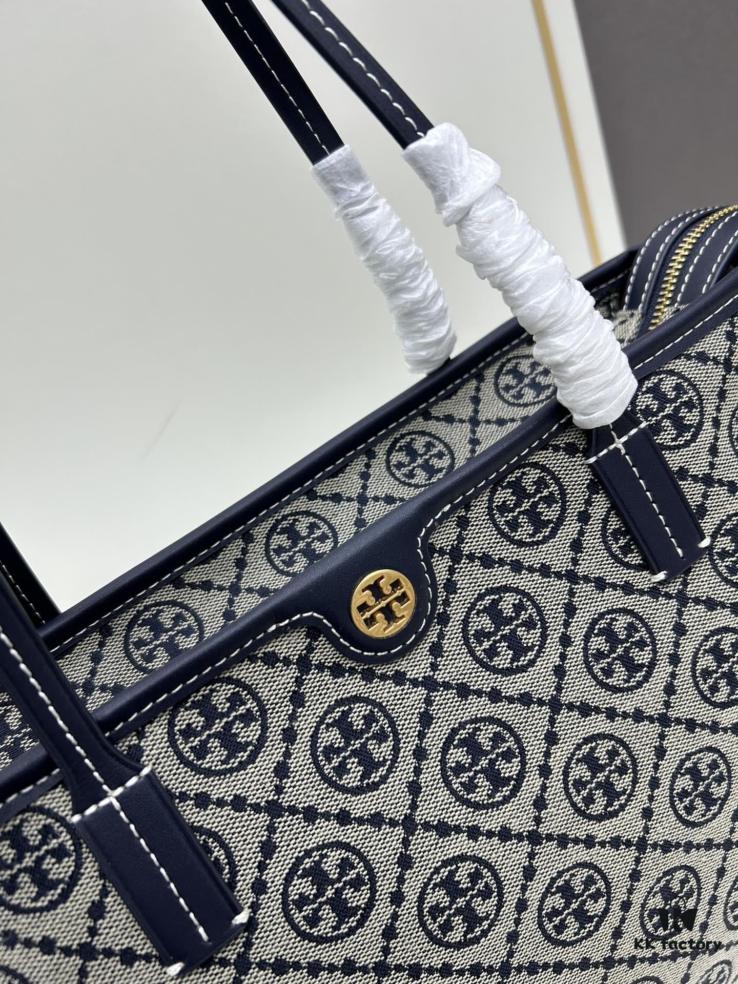 Tory Burch Small Monogram Tote Bag with Signature Double-T Logo in Woven Jacquard Fabric