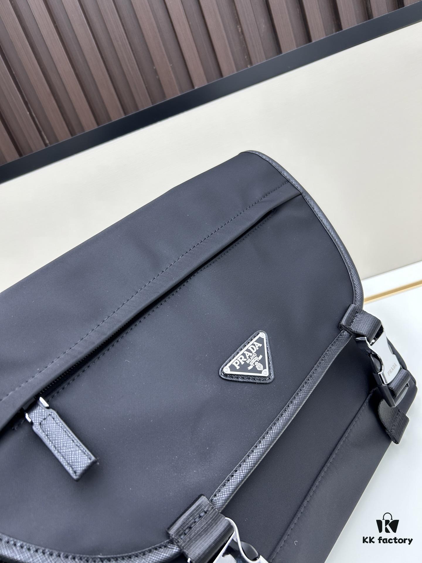 Prada RE-NYLON Recycled Nylon and Saffiano Leather Shoulder Bag! Crossbody Messenger Bag, Unisex! Parachute Fabric with Crosshatch Calfskin, Zippered Compartment at Back, Another Zippered Pocket on the Flap! Two Snap Closures at the Opening for Security and Practicality! Adjustable Shoulder Strap! Size 30 x 25 cm, Model 2387