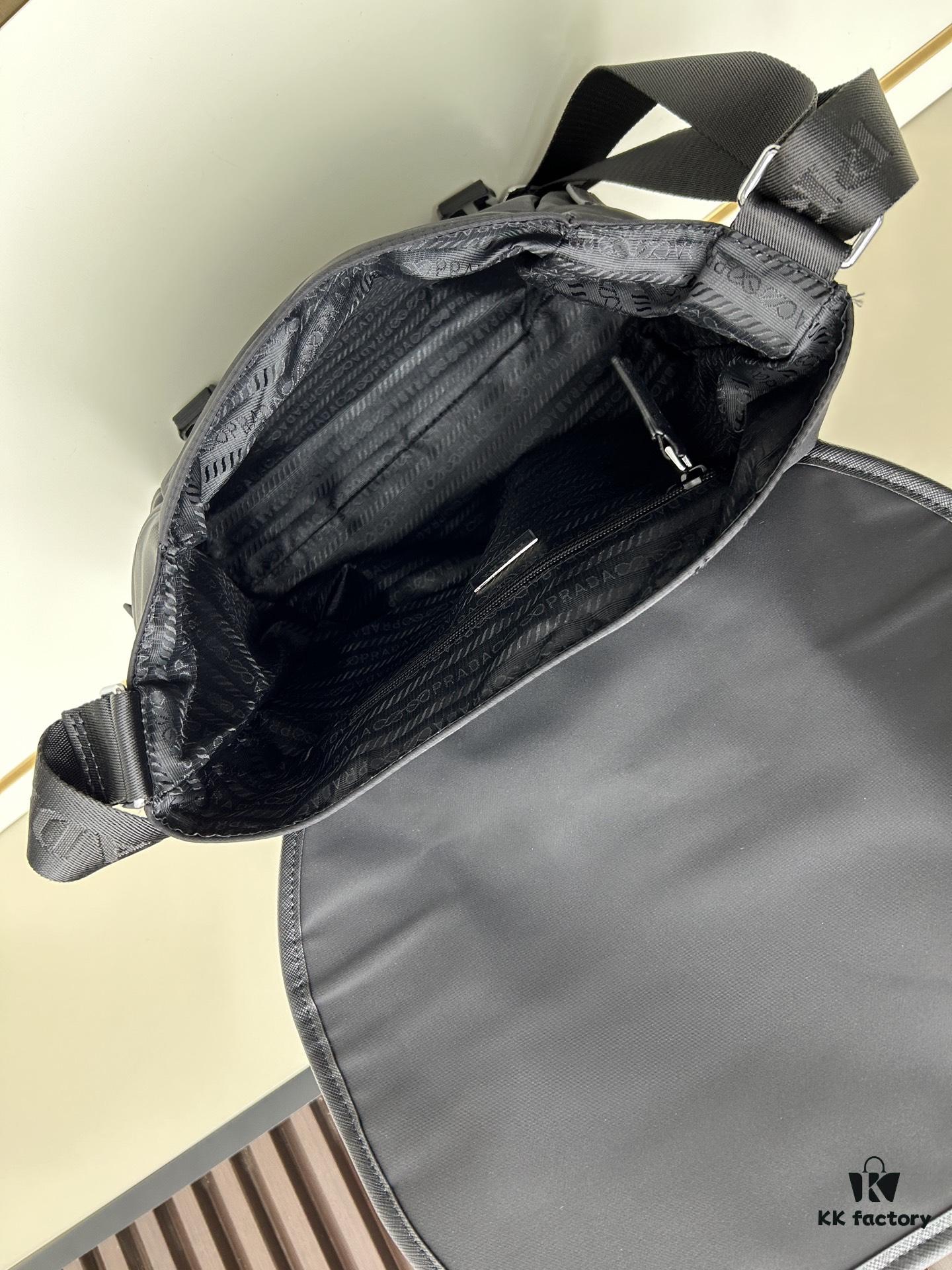 Prada RE-NYLON Recycled Nylon and Saffiano Leather Shoulder Bag! Crossbody Messenger Bag, Unisex! Parachute Fabric with Crosshatch Calfskin, Zippered Compartment at Back, Another Zippered Pocket on the Flap! Two Snap Closures at the Opening for Security and Practicality! Adjustable Shoulder Strap! Size 30 x 25 cm, Model 2387