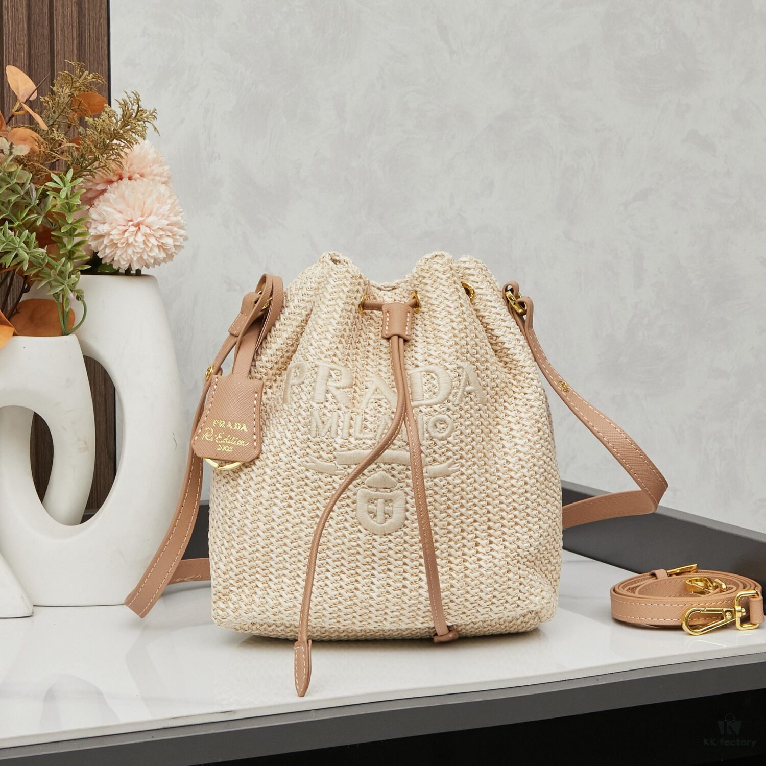 Prada Raffia Woven Bucket Bag with Box
