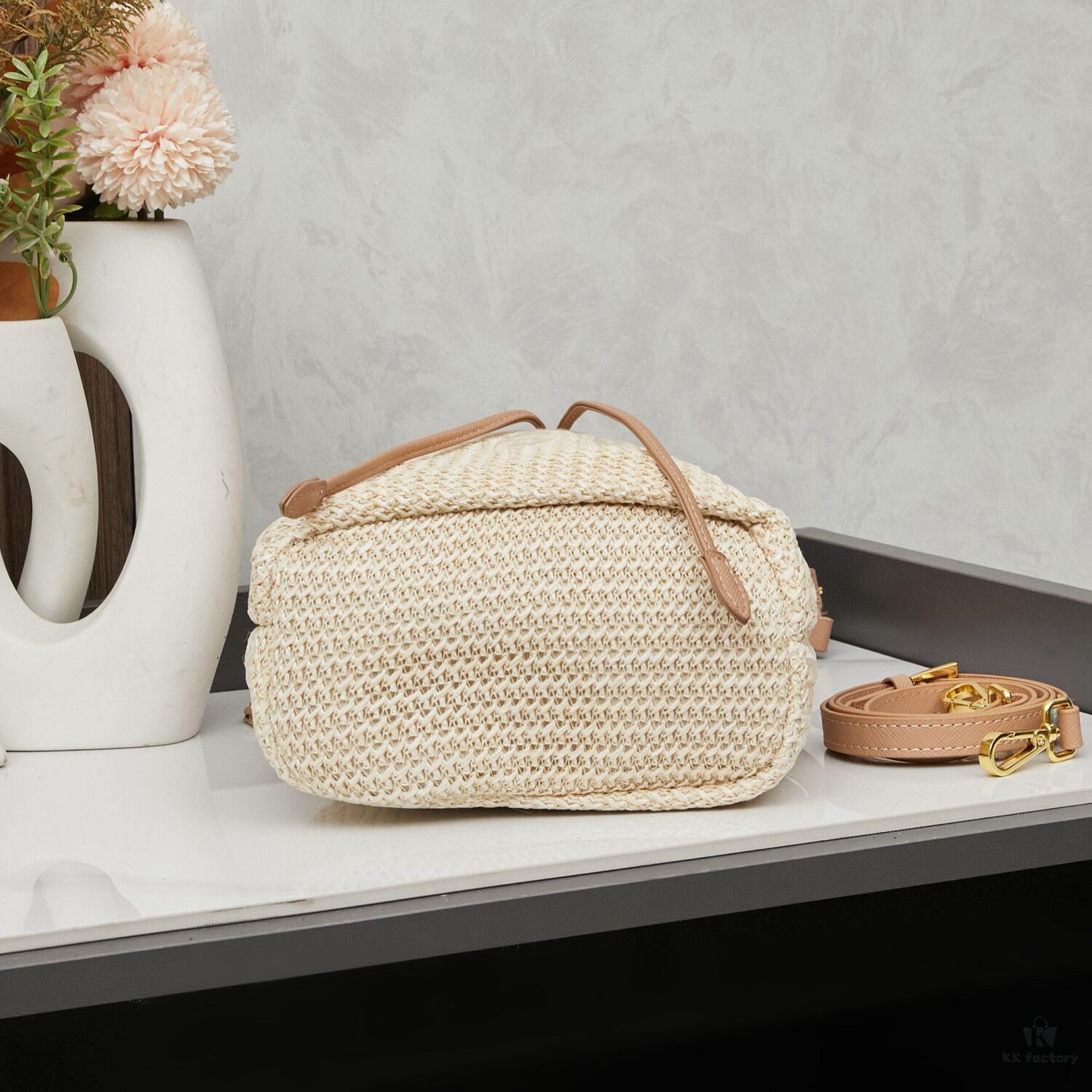 Prada Raffia Woven Bucket Bag with Box