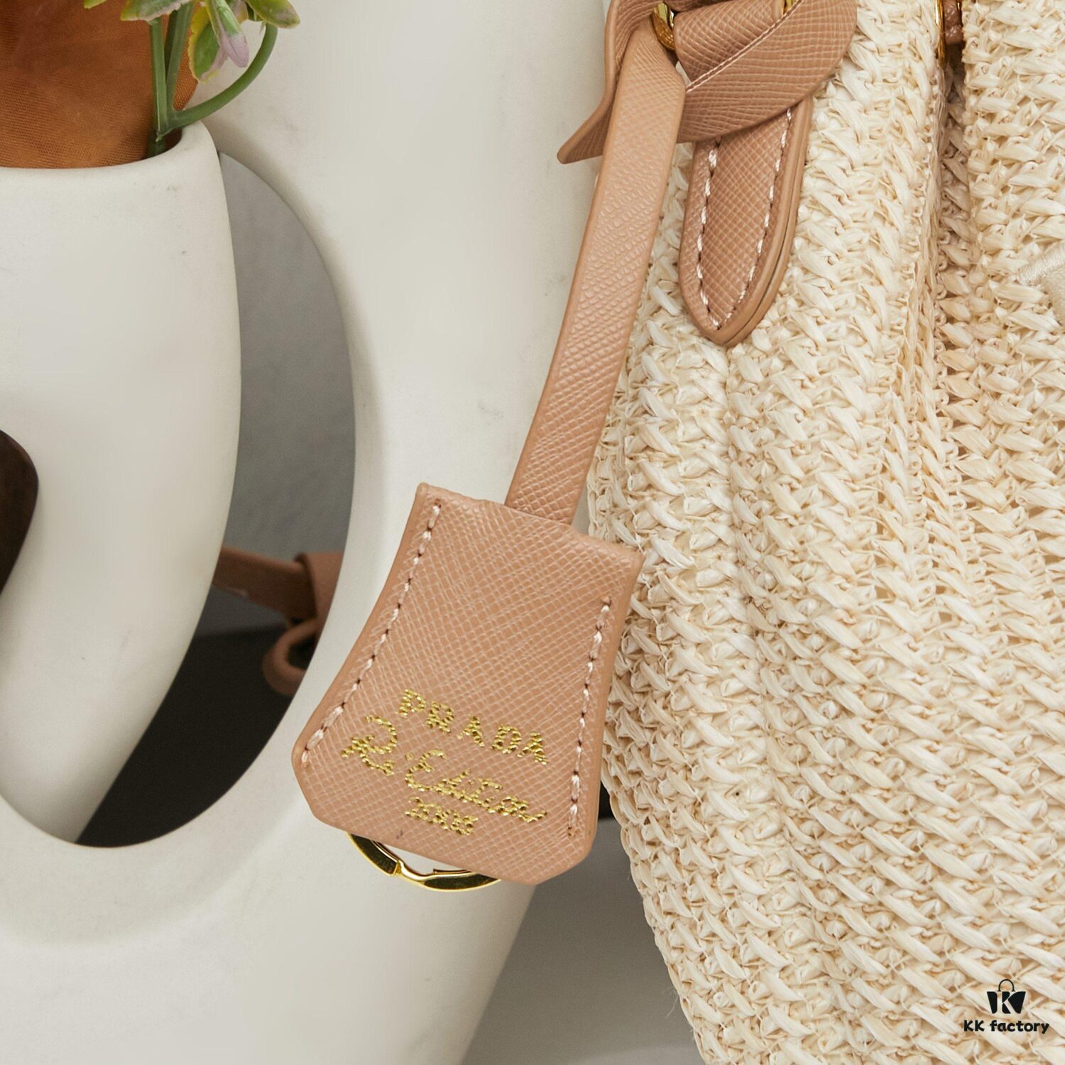 Prada Raffia Woven Bucket Bag with Box