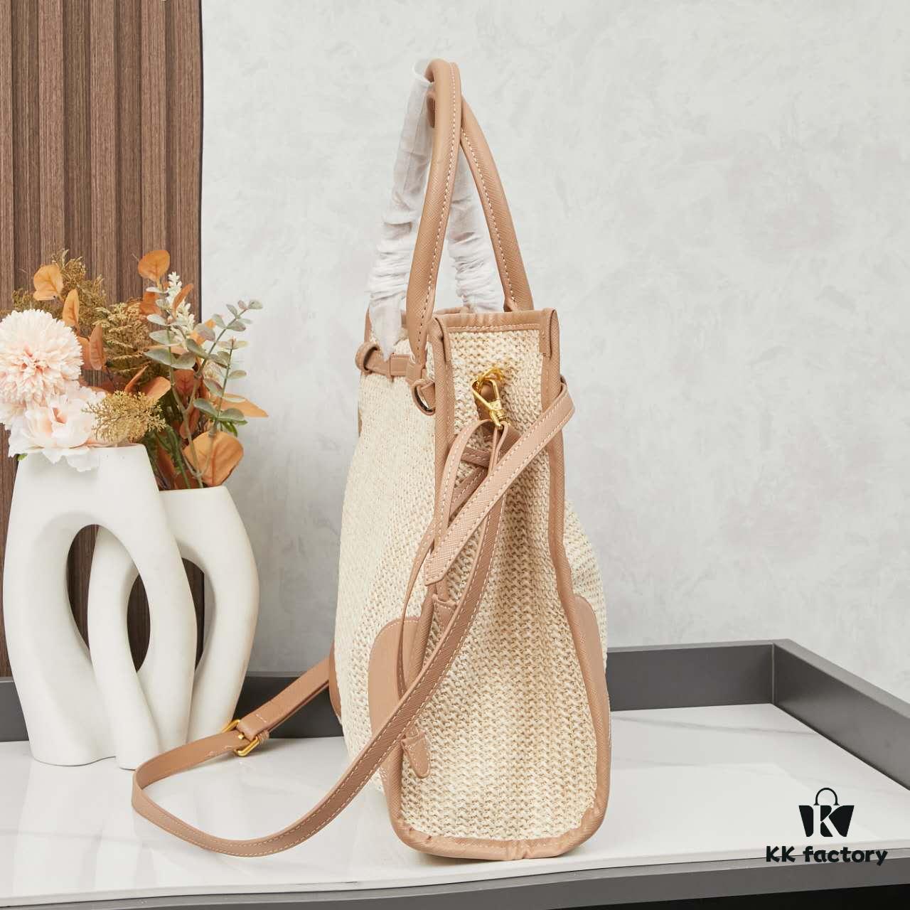 PRADA Summer It Bag – Woven Straw Tote with Italian Vegetable-Tanned Leather Trim, Size 38×30×12