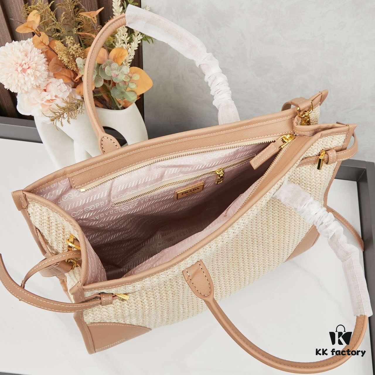 PRADA Summer It Bag – Woven Straw Tote with Italian Vegetable-Tanned Leather Trim, Size 38×30×12