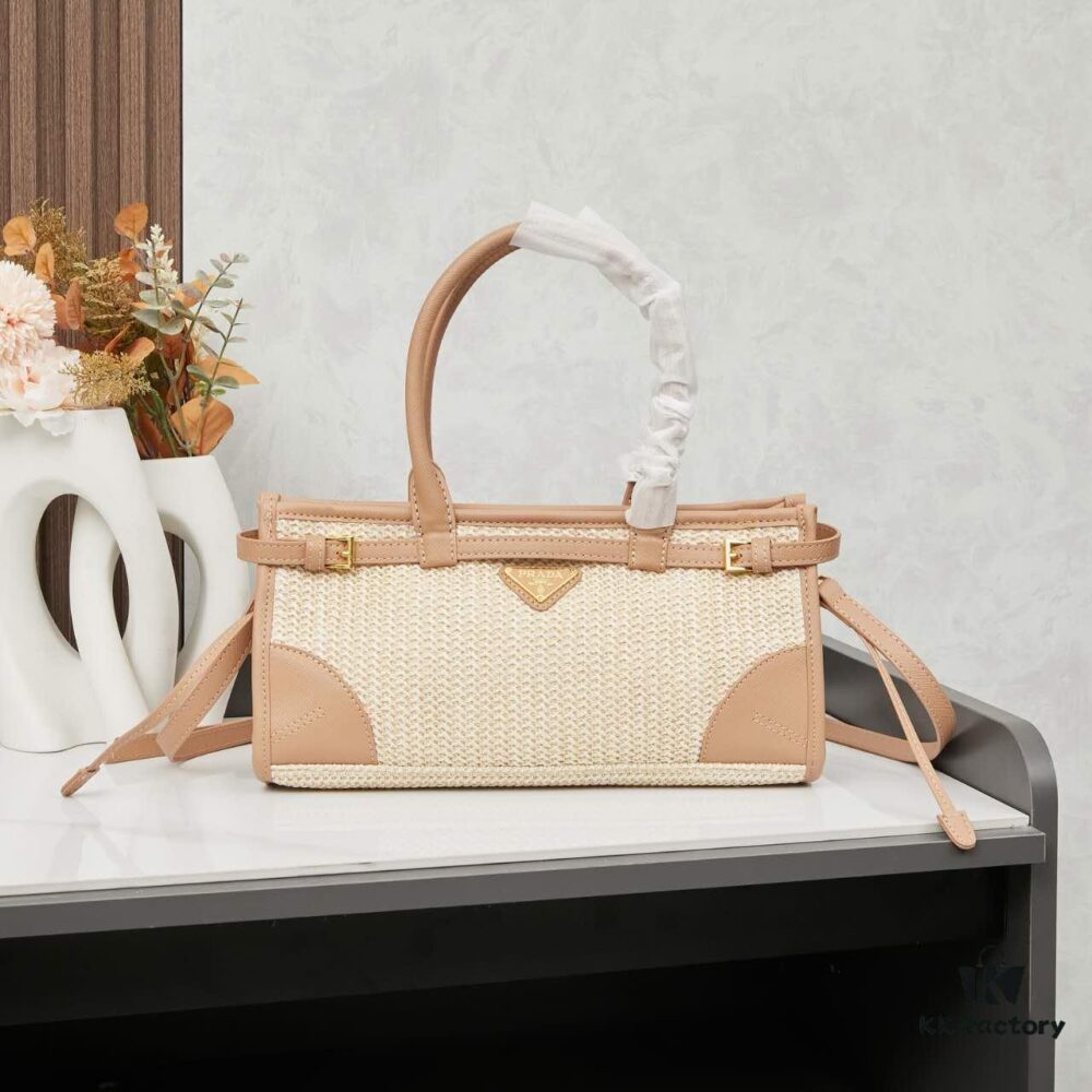 PRADA Summer It Bag – Handwoven Rattan Tote with Italian Vegetable-Tanned Leather Trim, Size 32×15×11