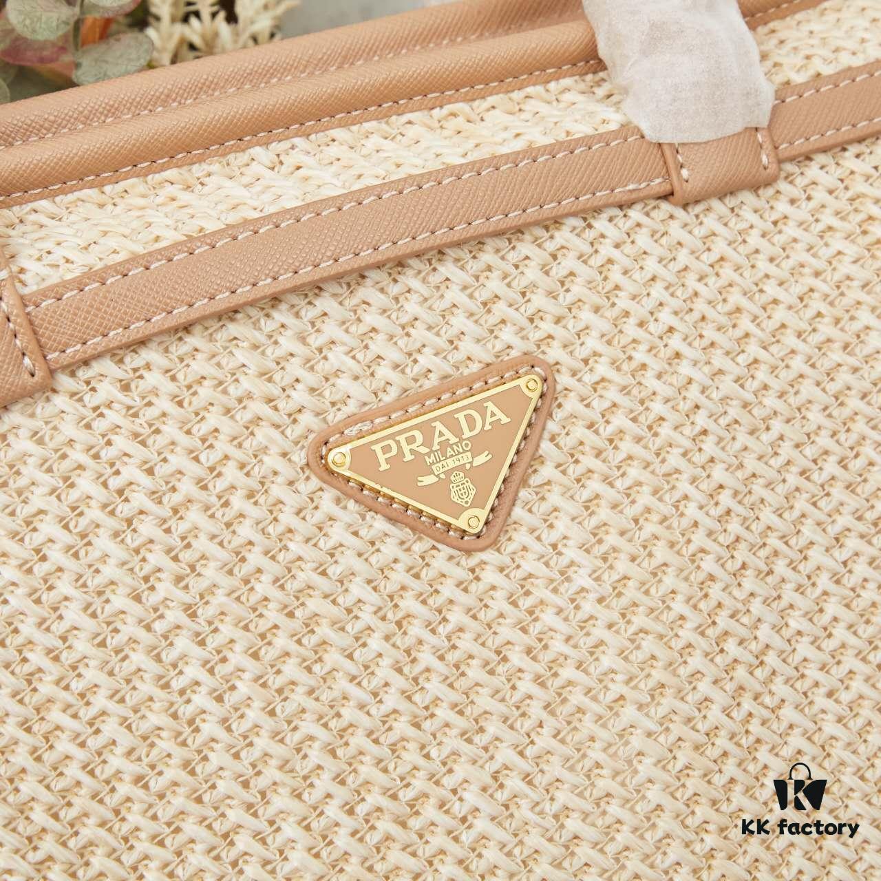 PRADA Summer It Bag – Woven Straw Tote with Italian Vegetable-Tanned Leather Trim, Size 38×30×12