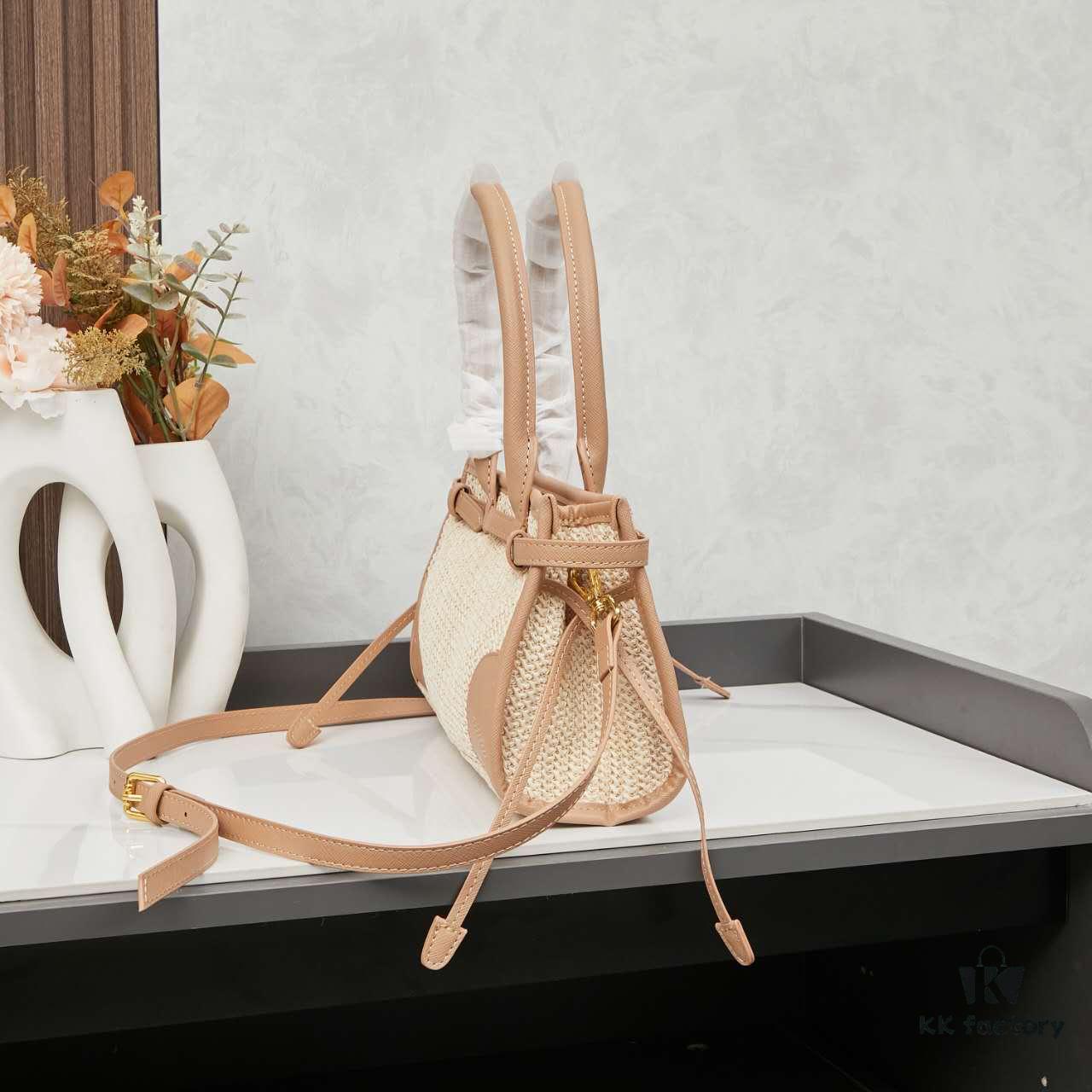 PRADA Summer It Bag – Handwoven Rattan Tote with Italian Vegetable-Tanned Leather Trim, Size 32×15×11