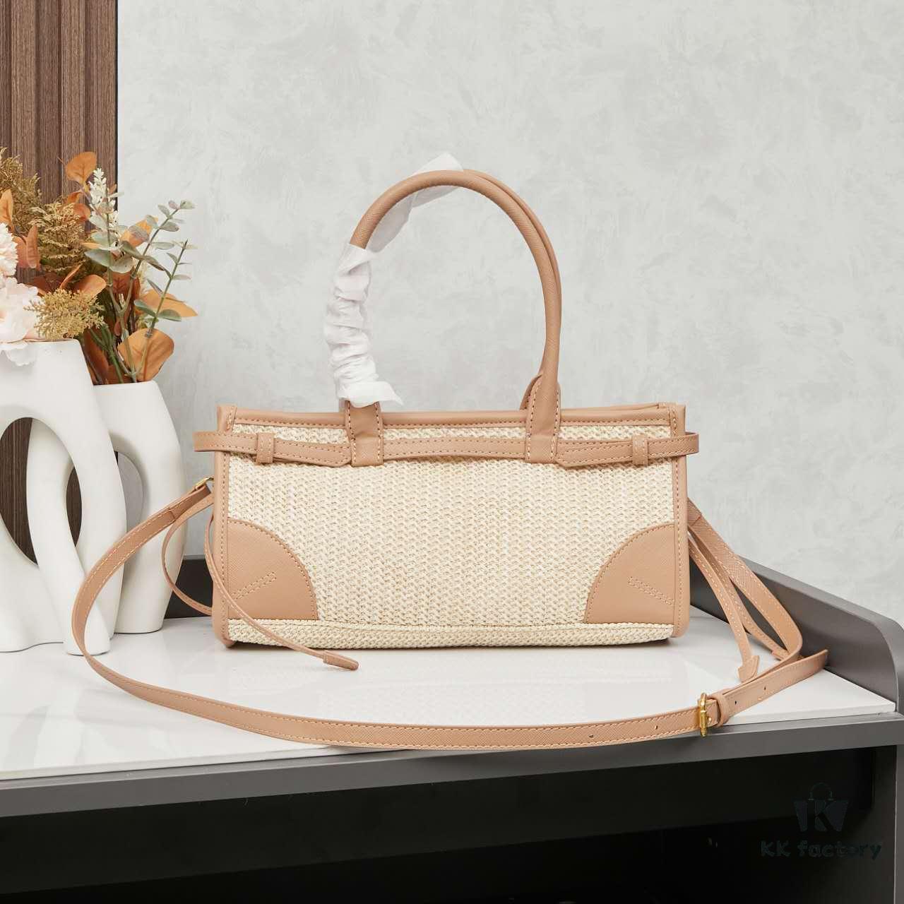 PRADA Summer It Bag – Handwoven Rattan Tote with Italian Vegetable-Tanned Leather Trim, Size 32×15×11