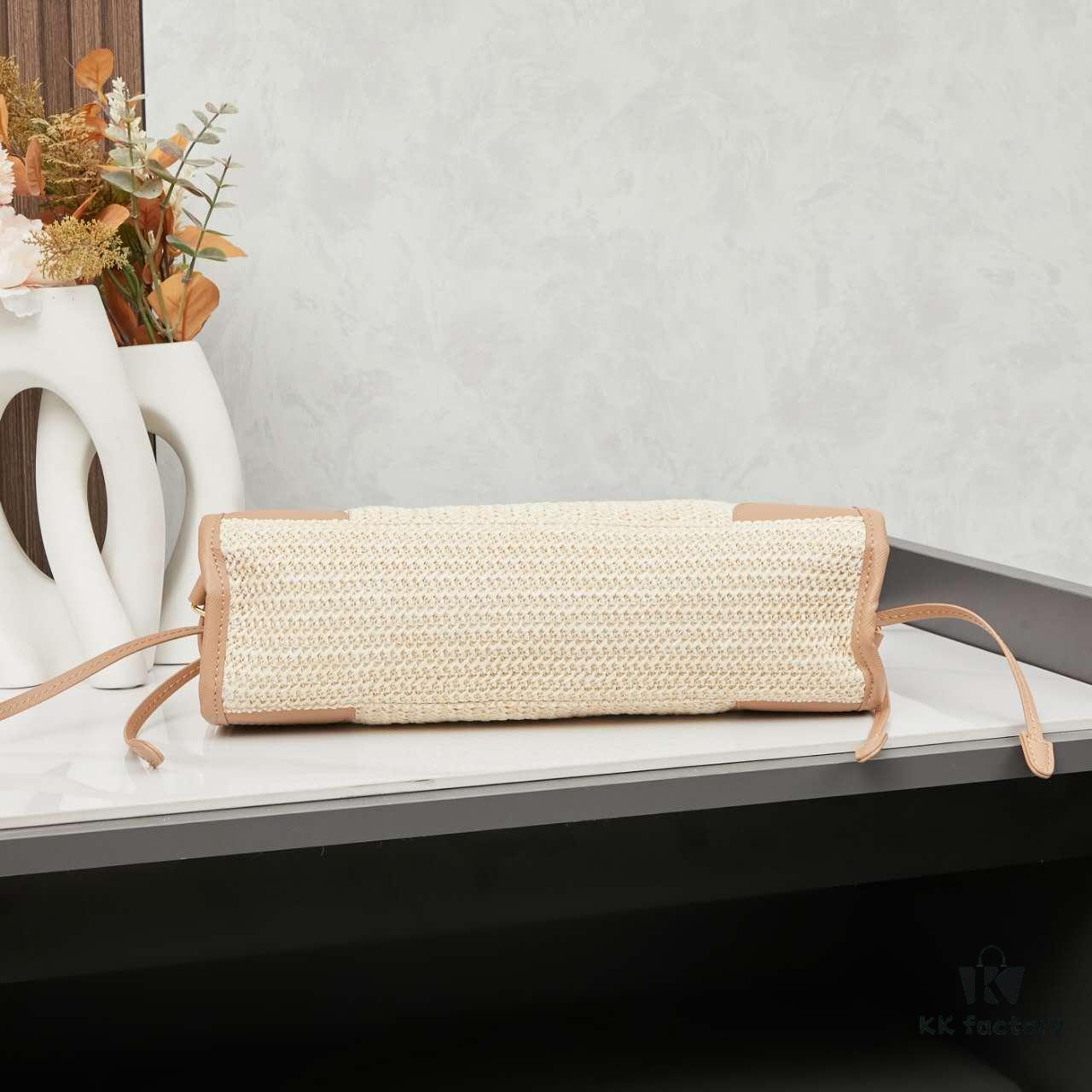 PRADA Summer It Bag – Handwoven Rattan Tote with Italian Vegetable-Tanned Leather Trim, Size 32×15×11