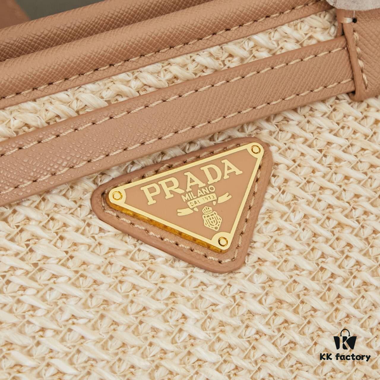 PRADA Summer It Bag – Handwoven Rattan Tote with Italian Vegetable-Tanned Leather Trim, Size 32×15×11