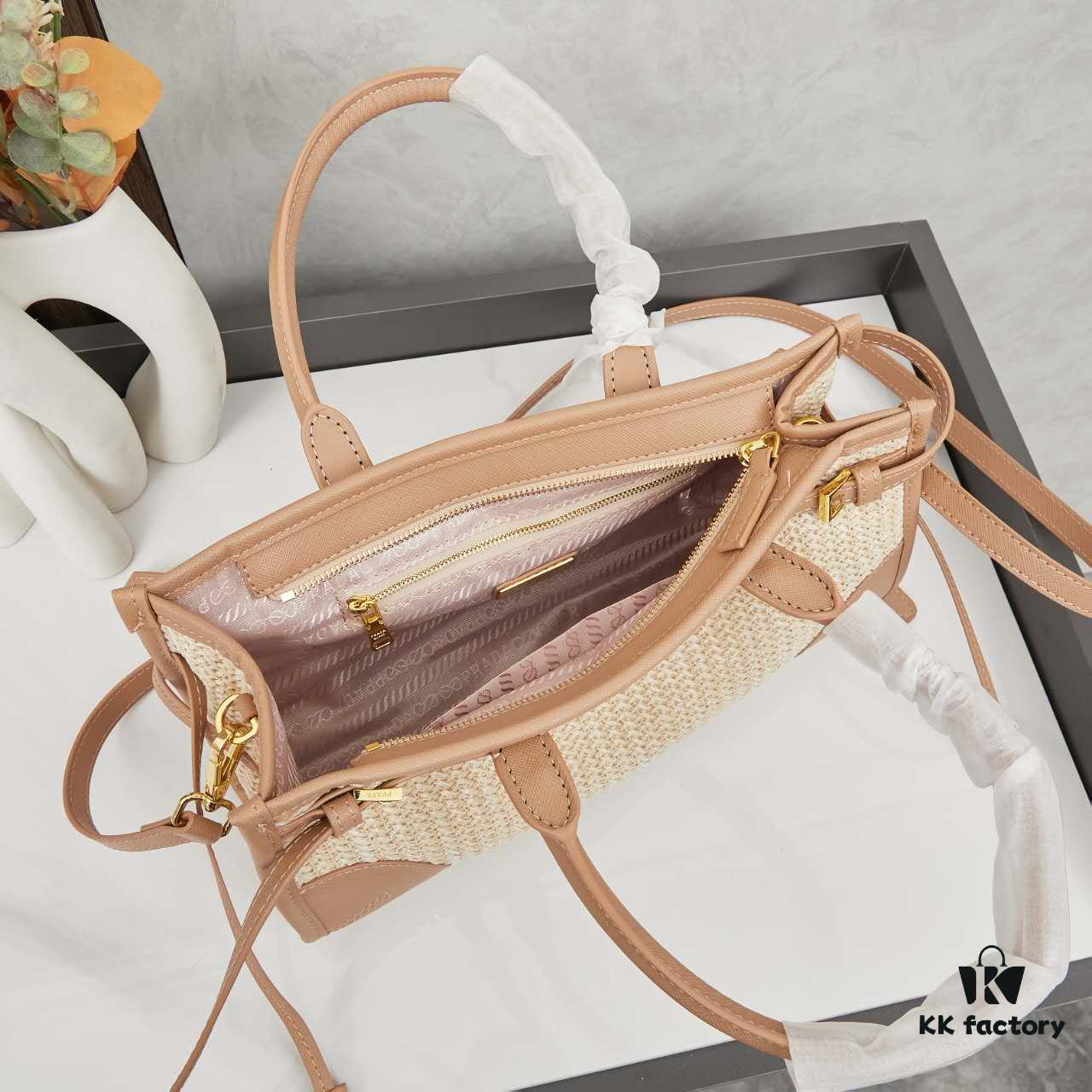 PRADA Summer It Bag – Handwoven Rattan Tote with Italian Vegetable-Tanned Leather Trim, Size 32×15×11