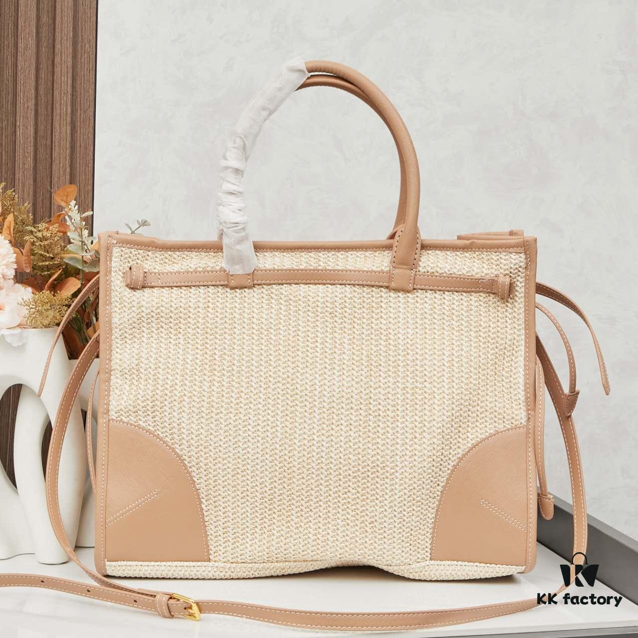 PRADA Summer It Bag – Woven Straw Tote with Italian Vegetable-Tanned Leather Trim, Size 38×30×12