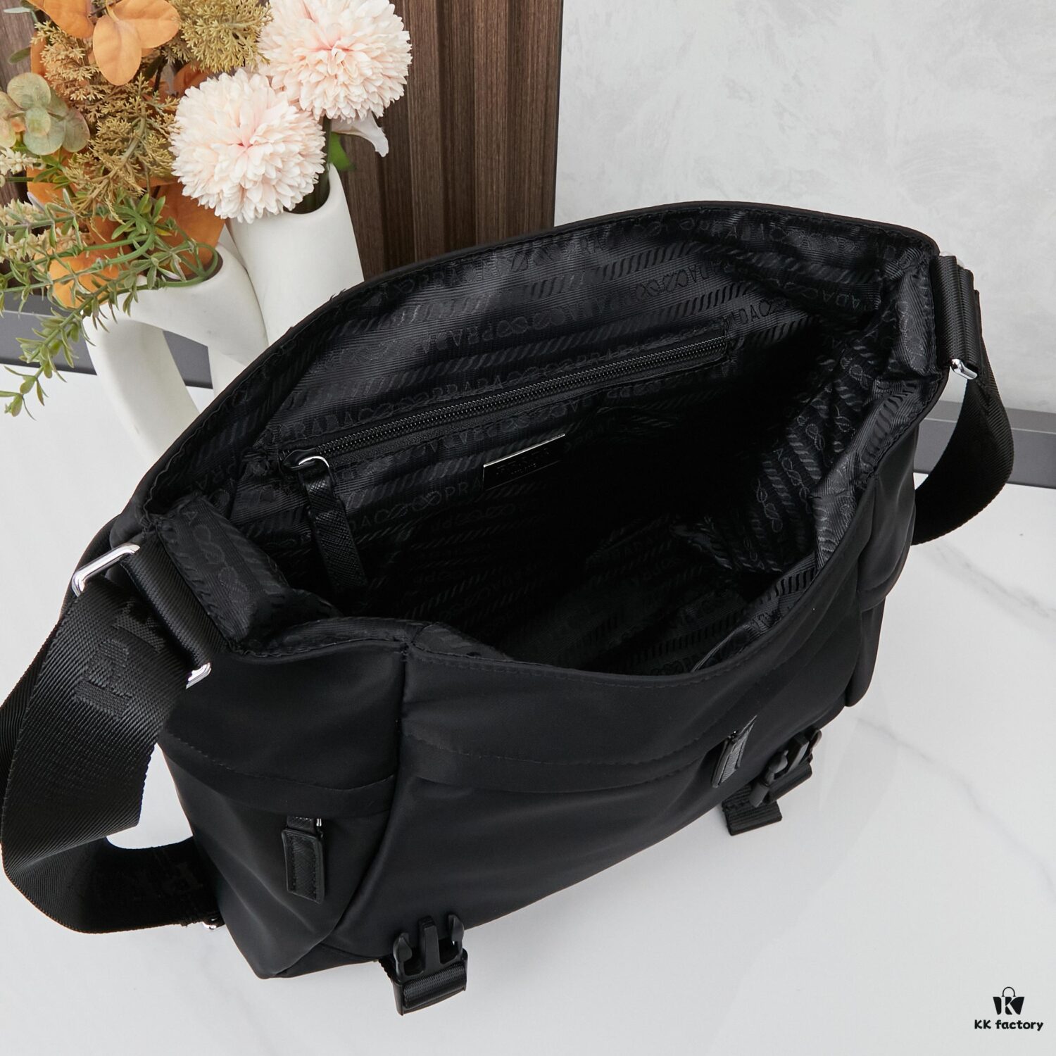 Prada RE-NYLON Recycled Nylon and Saffiano Leather Shoulder Bag! Crossbody Messenger Bag, Unisex! Parachute Fabric with Crosshatch Calfskin, Zippered Pocket at Back, Additional Zippered Compartment on Flap! Two Snap Closures at Opening for Security and Practicality! Adjustable Shoulder Strap! Size 30 x 25 cm, Model 2387