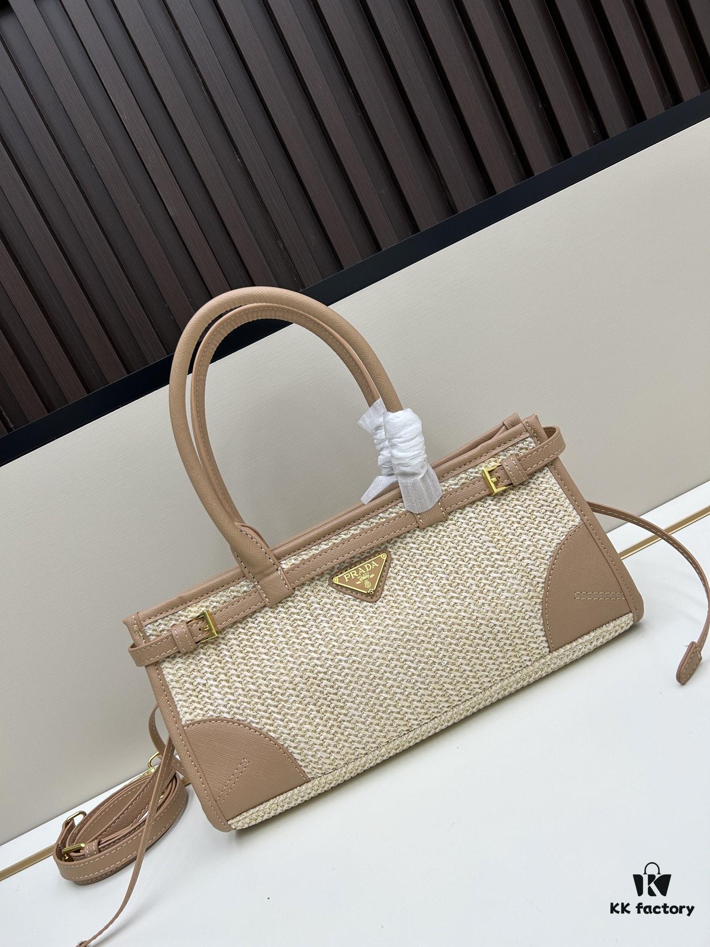 PRADA Summer Woven Bag - Large Capacity Straw Tote with Italian Vegetable-Tanned Leather Trim, 32✕15✕11 cm