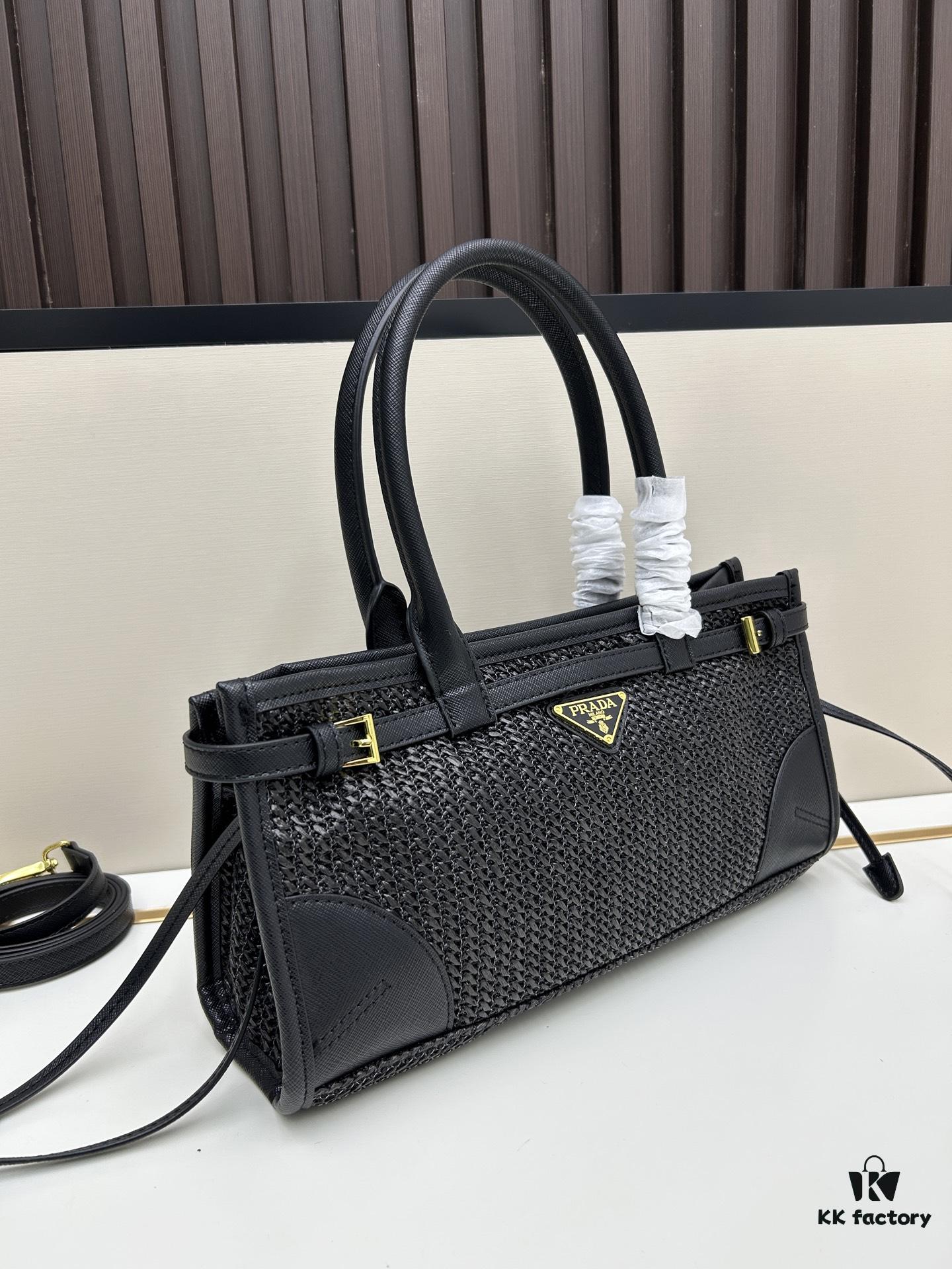 PRADA Summer It Bag – Woven Rattan Tote with Leather Trim, 32✕15✕11 cm