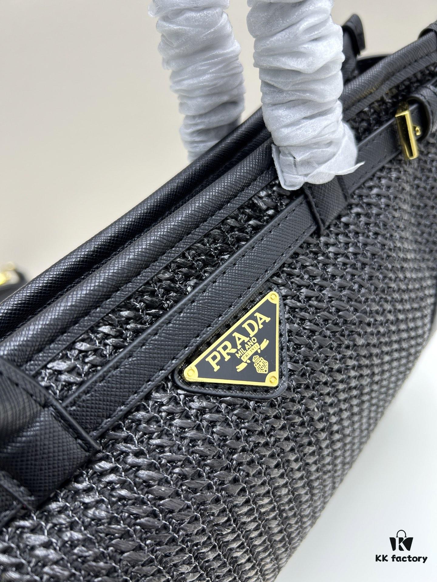 PRADA Summer It Bag – Woven Rattan Tote with Leather Trim, 32✕15✕11 cm