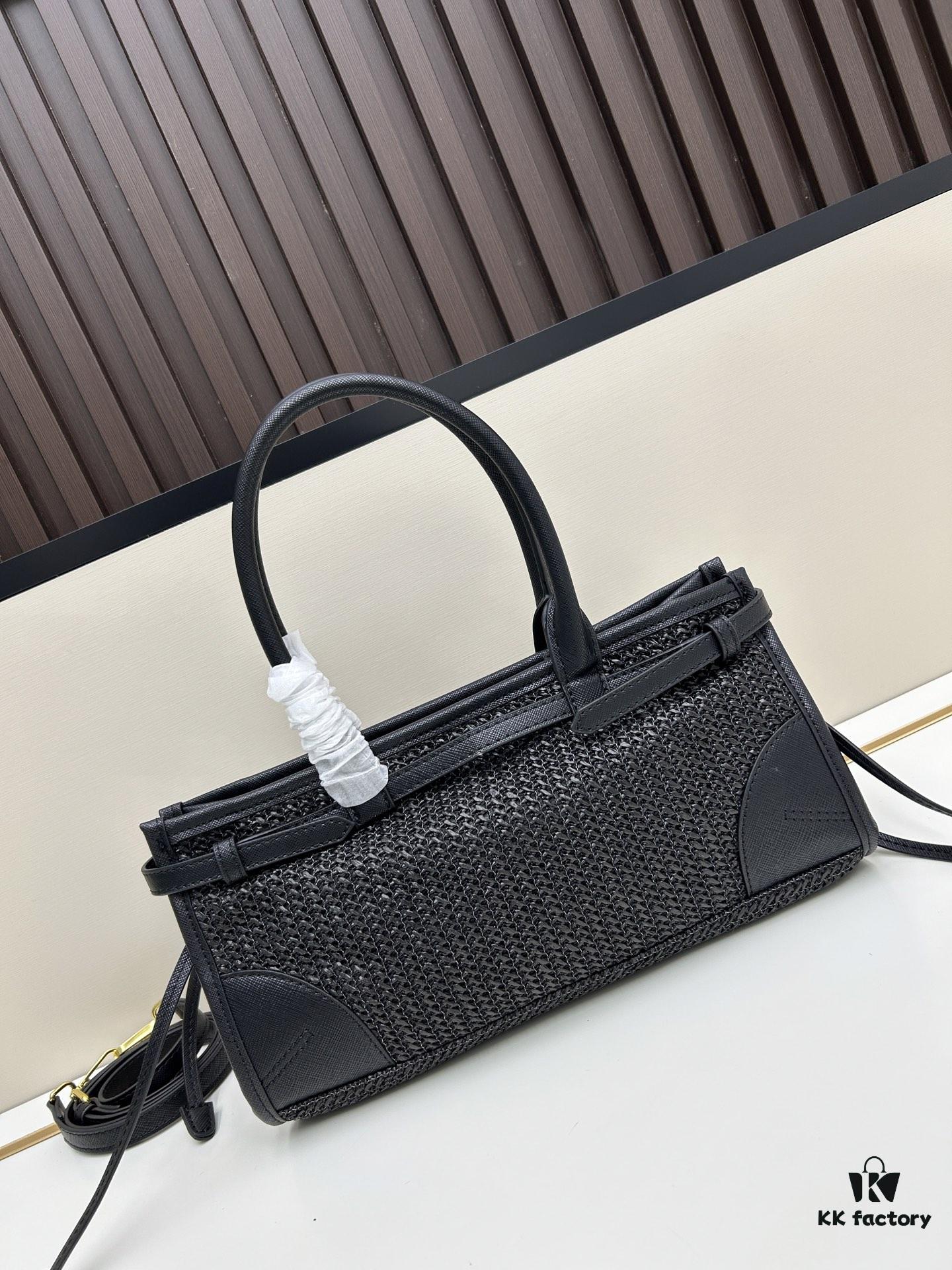 PRADA Summer It Bag – Woven Rattan Tote with Leather Trim, 32✕15✕11 cm