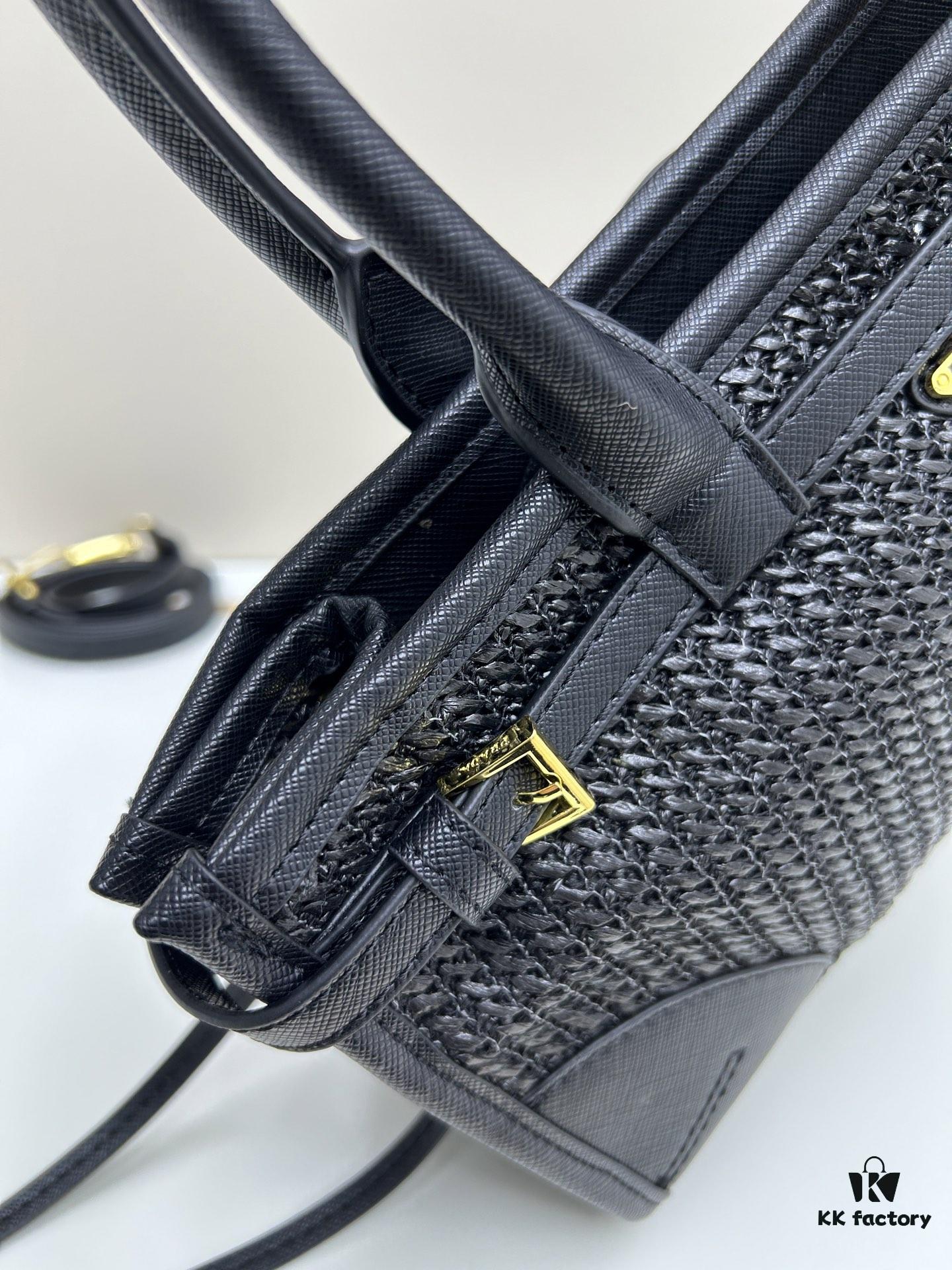 PRADA Summer It Bag – Woven Rattan Tote with Leather Trim, 32✕15✕11 cm