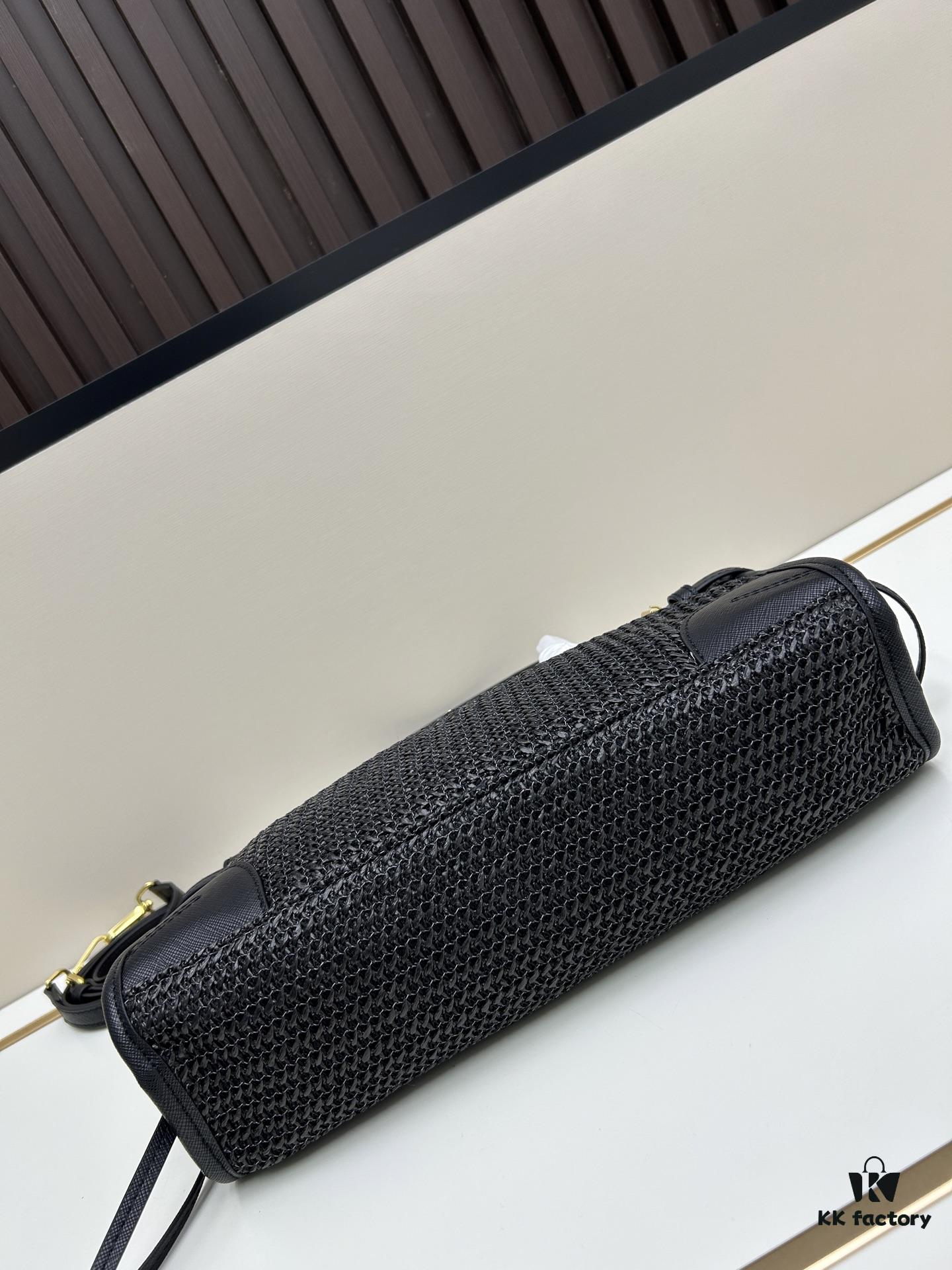 PRADA Summer It Bag – Woven Rattan Tote with Leather Trim, 32✕15✕11 cm