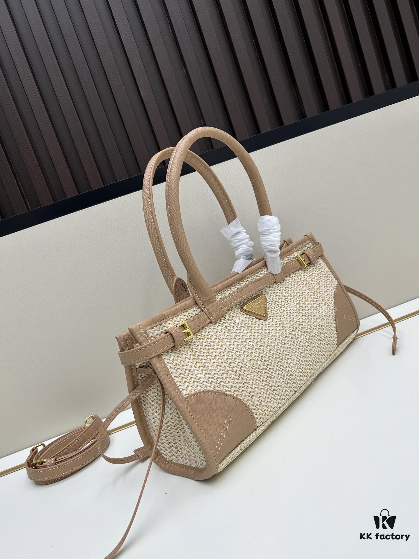 PRADA Summer Woven Bag - Large Capacity Straw Tote with Italian Vegetable-Tanned Leather Trim, 32✕15✕11 cm
