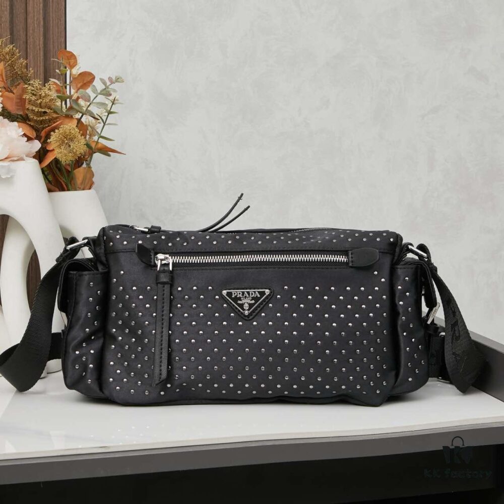 Prada Messenger Bag, Crossbody Shoulder Bag in Nylon with Studs, Size 26x16x10, Model 2508