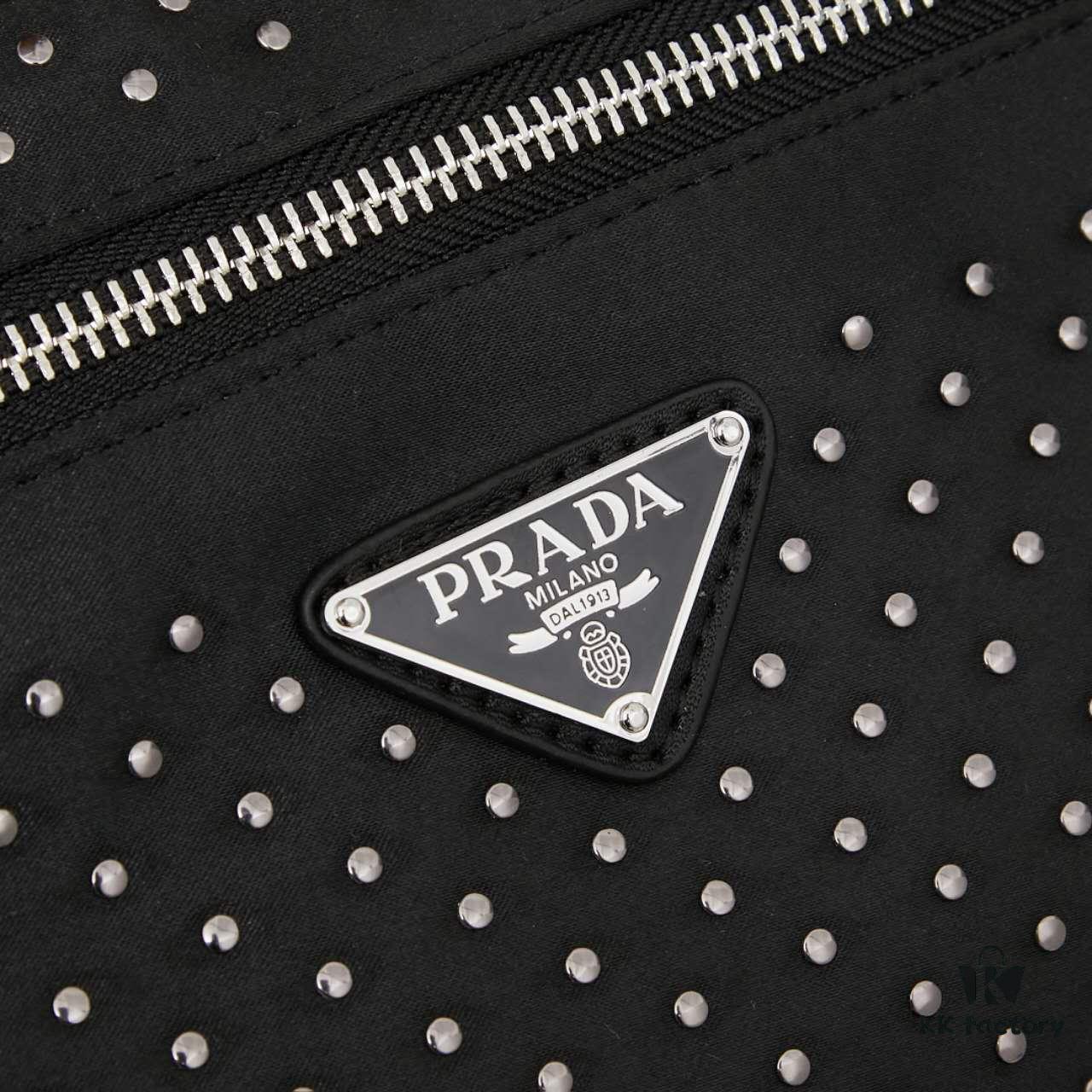 Prada Messenger Bag, Crossbody Shoulder Bag in Nylon with Studs, Size 26x16x10, Model 2508