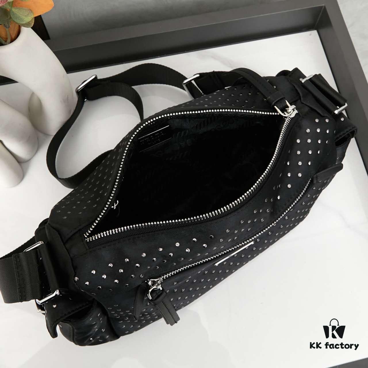 Prada Messenger Bag, Crossbody Shoulder Bag in Nylon with Studs, Size 26x16x10, Model 2508