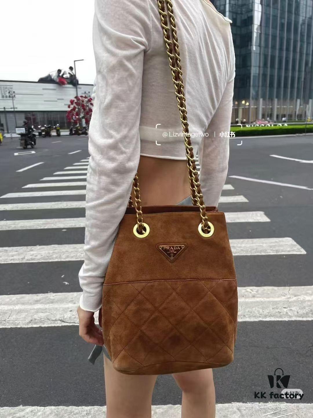 Vintage Prada Suede Crossbody Bag with Chain – A Timeless 'Baozi' Design, Opens as a Long-Chain Tote