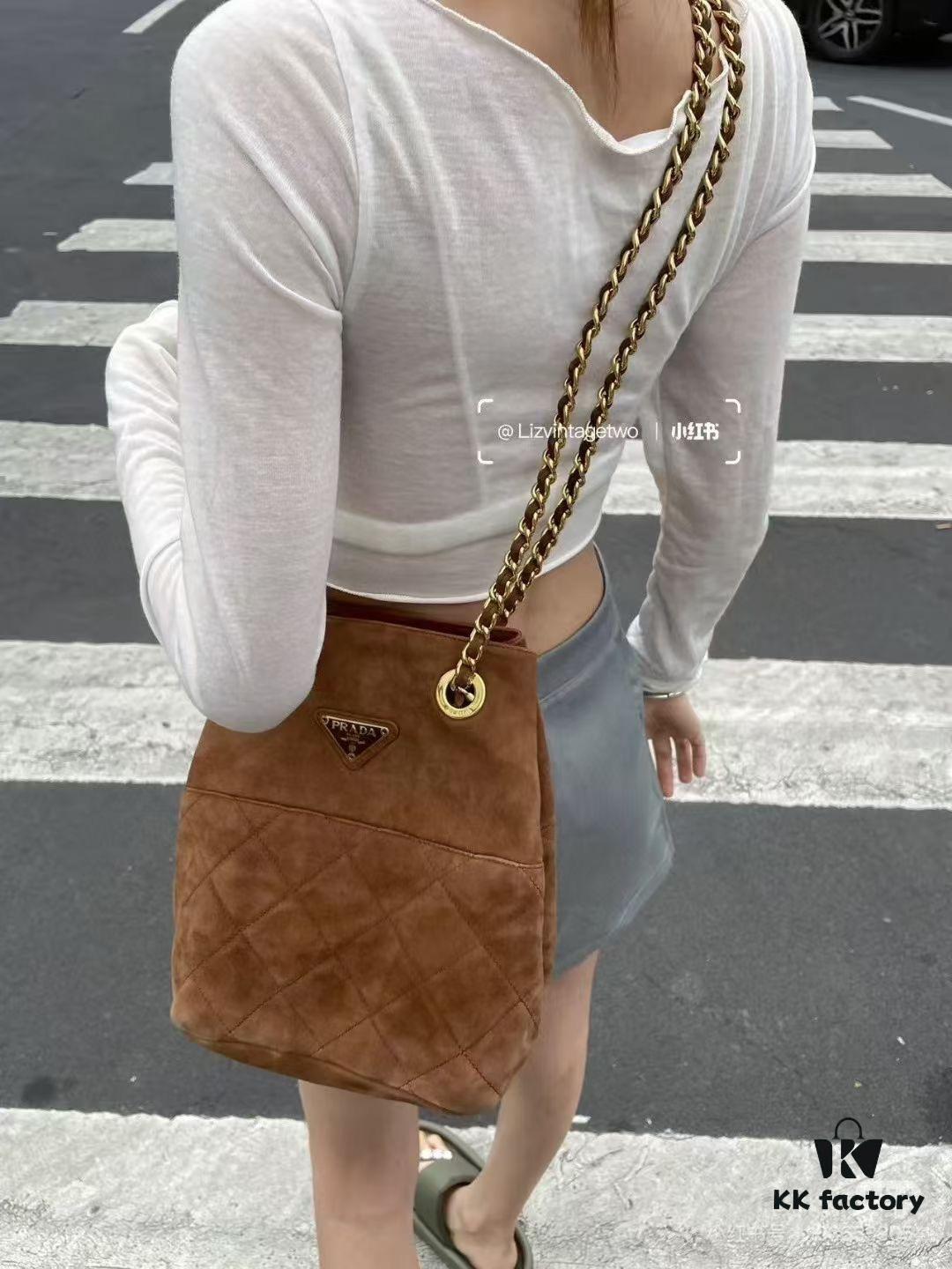 Vintage Prada Suede Crossbody Bag with Chain – A Timeless 'Baozi' Design, Opens as a Long-Chain Tote